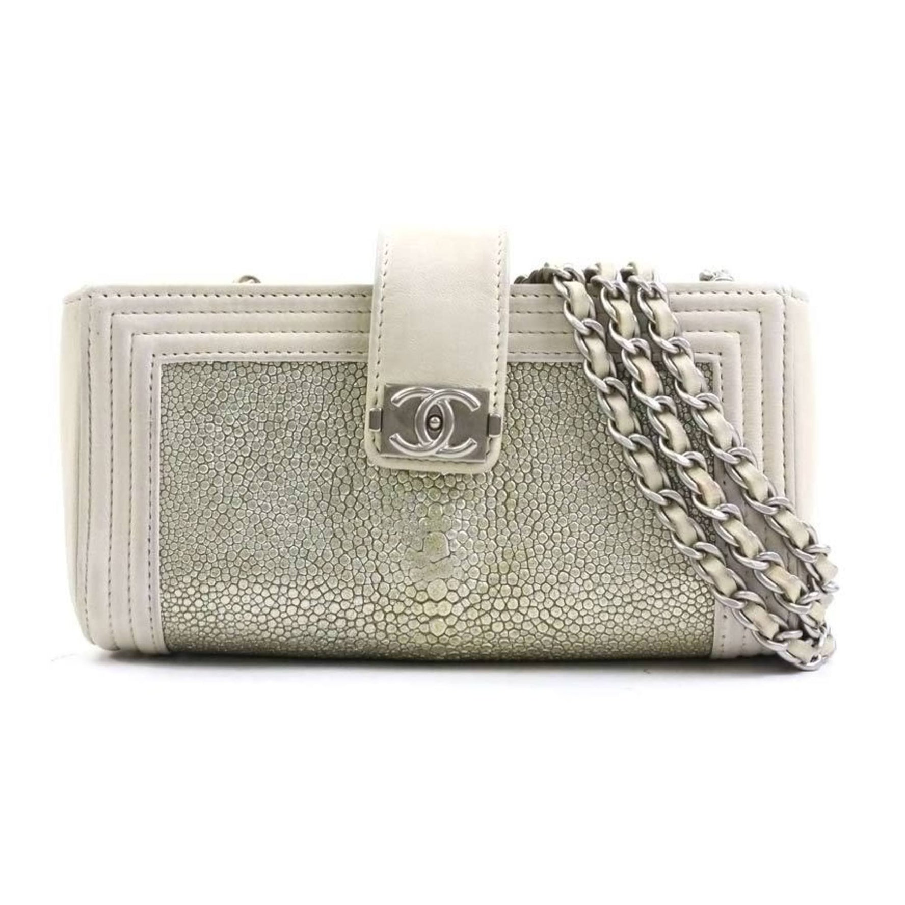CHANEL Shoulder Bag Leather Galuchat Ivory Gold Silver Women's e60076a