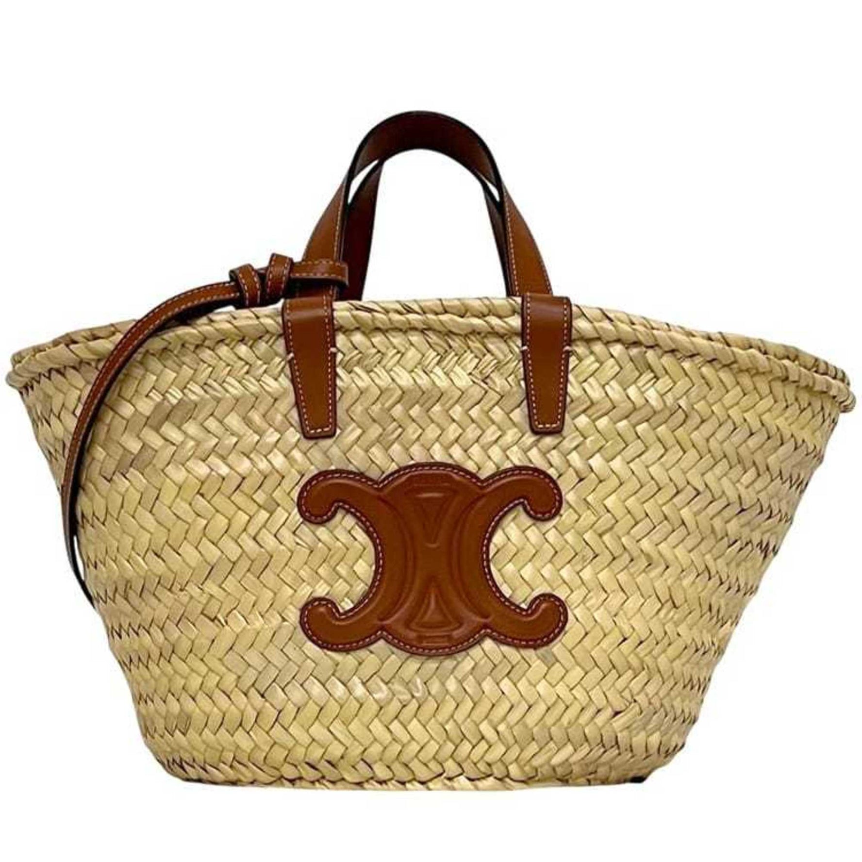 Celine Classic Pannier Tote Beige Brown Triomphe Raffia Leather Basket