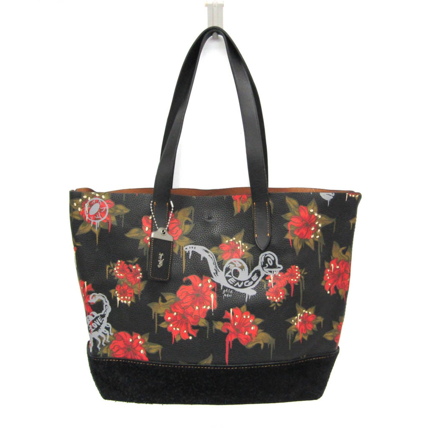 Coach Trim Gotham Tote With Wild Lily Print Men,Women Suede,Leather Tote Bag Black,Multi-color