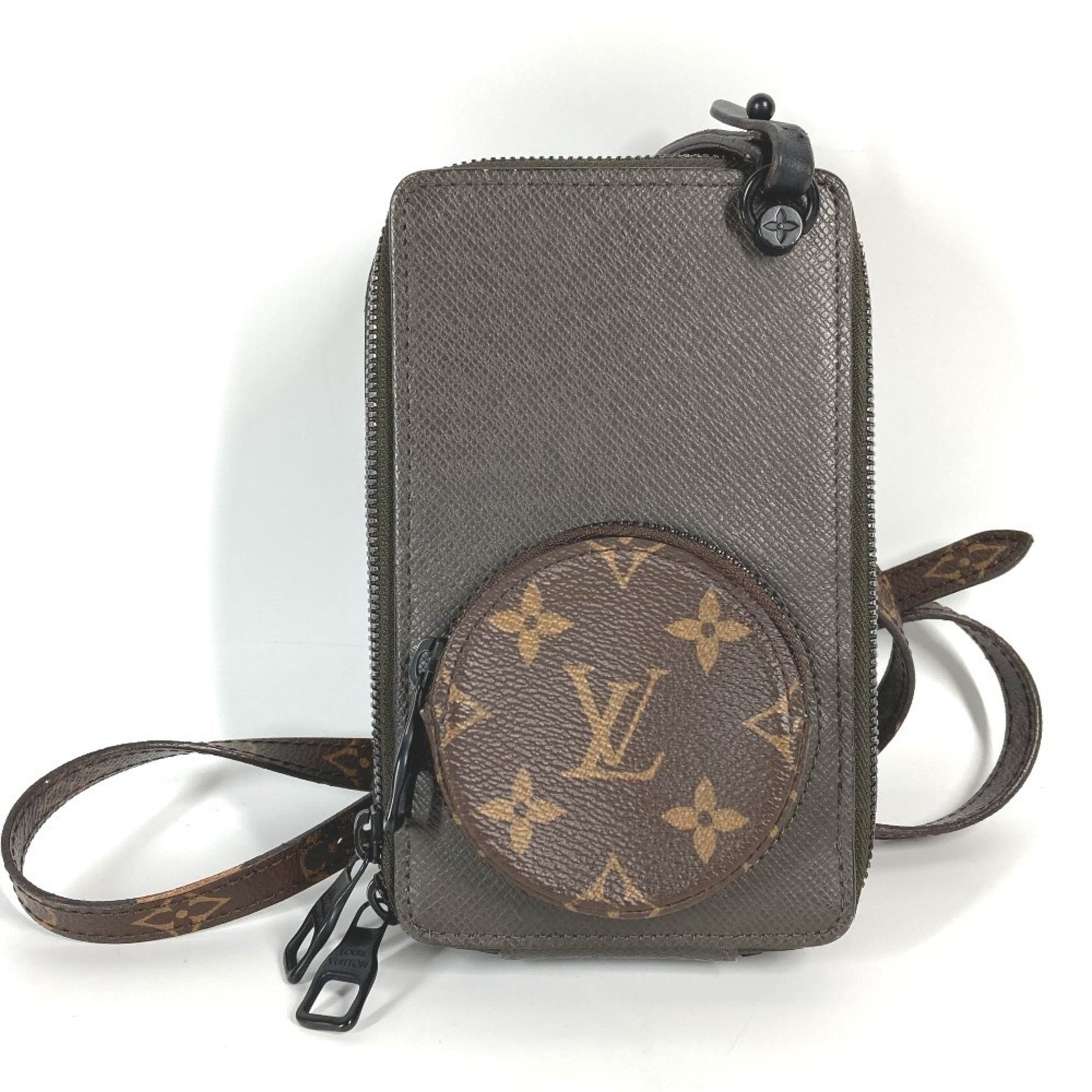 LOUIS VUITTON Taiga Monogram Phone Box Pochette Shoulder Bag in Leather/Monogram Canvas, Unisex, Brown