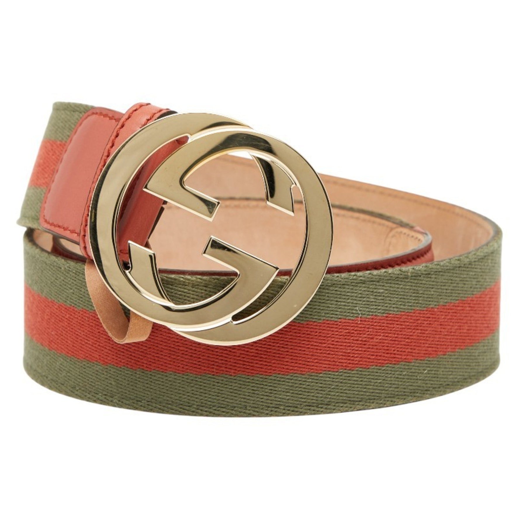 Gucci Interlocking G Belt 85.34 Khaki Pink Leather Canvas
