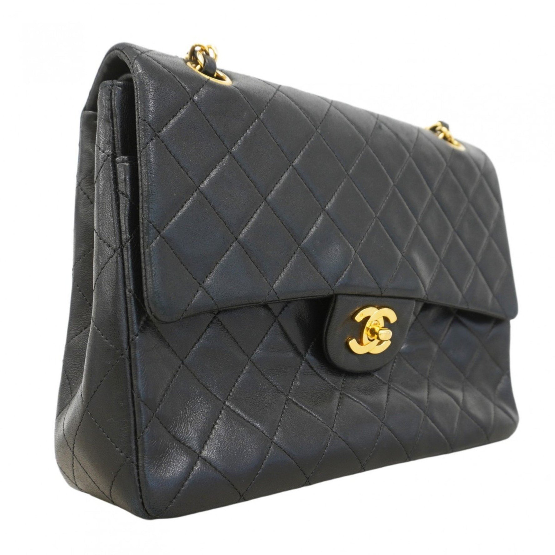 Chanel Matelasse Shoulder Bag with Double Flap and Chain, Lambskin, Black, Women's