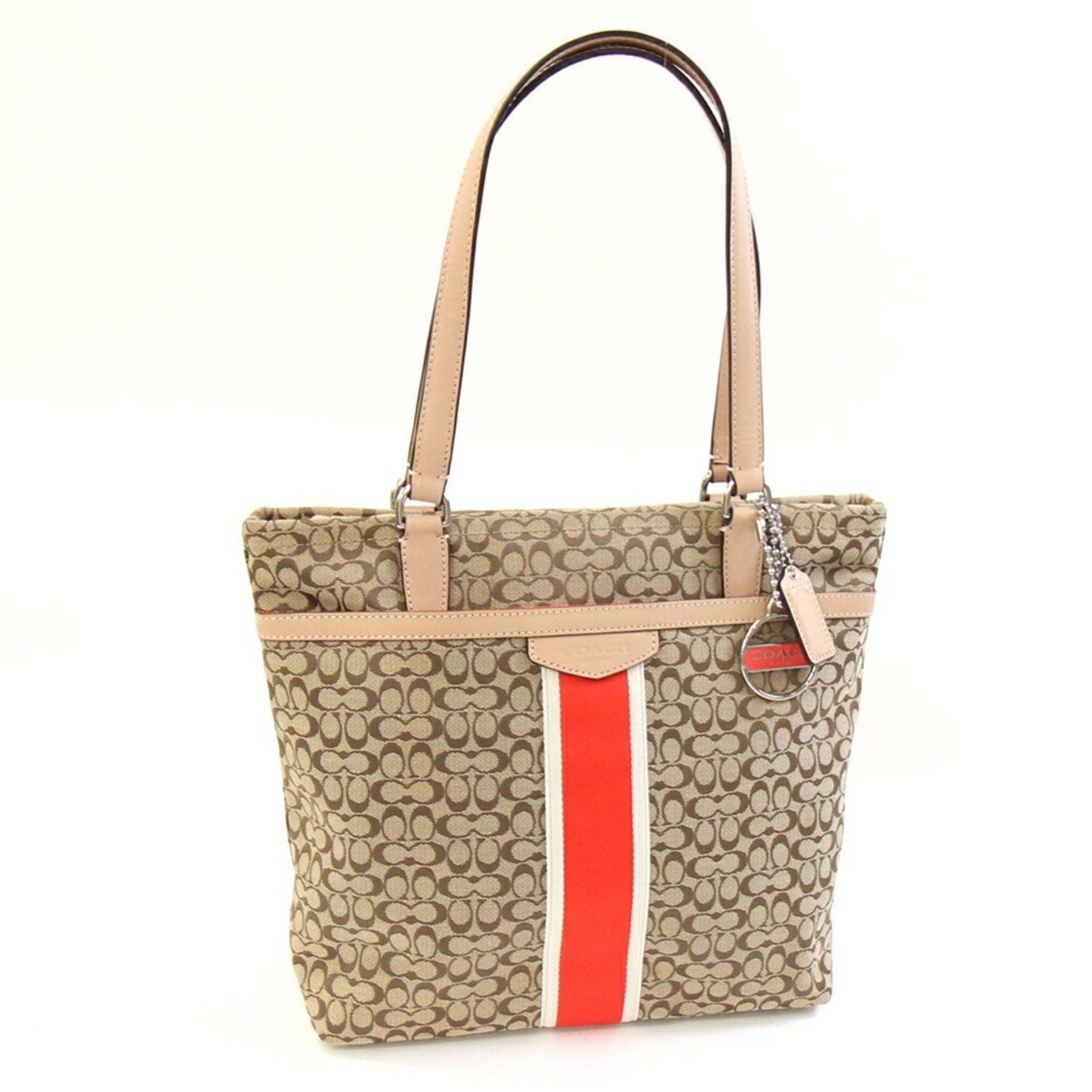 Coach Mini Signature Stripe File Tote Bag Khaki Beige Canvas Leather Shoulder