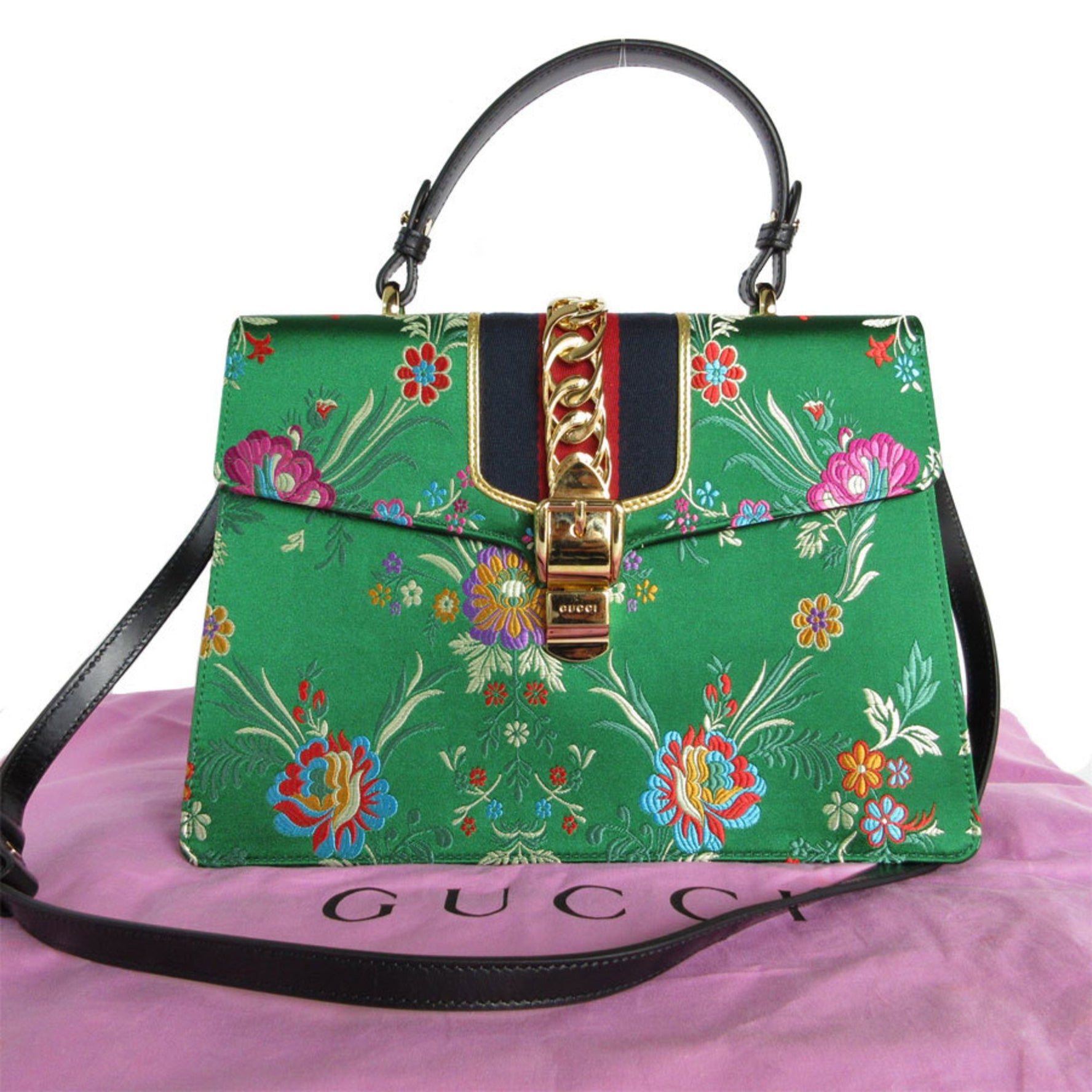 GUCCI Handbag Shoulder Bag Sylvie Satin Green Multicolor Gold Women's s0122a