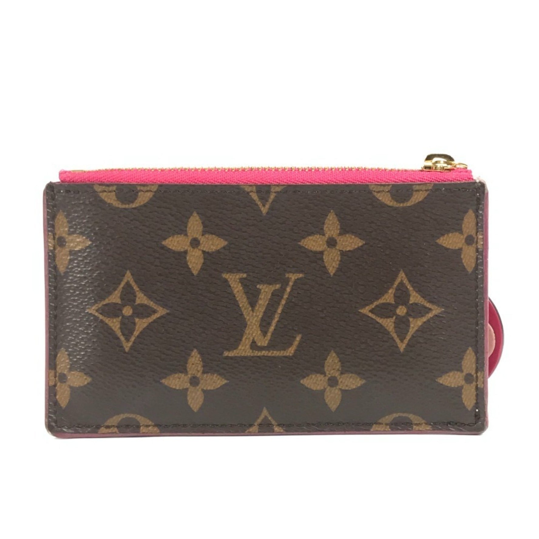 LOUIS VUITTON Monogram Porte Carte Zip Wallet with Flower Charm, Coin Purse, Canvas, Pink