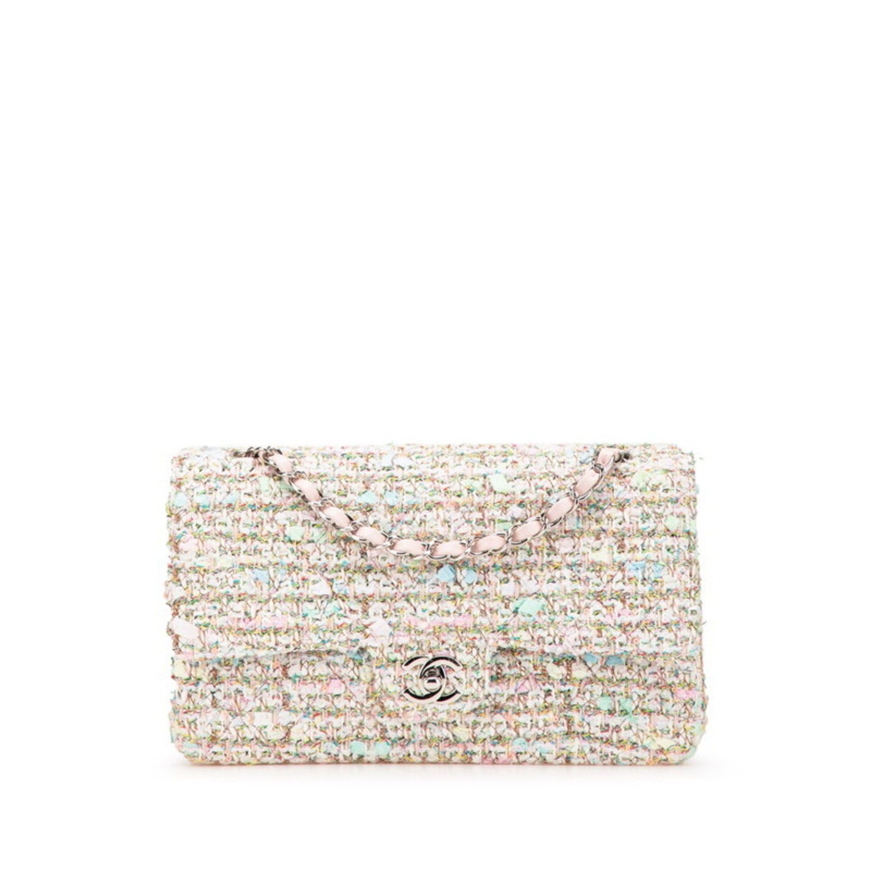 Chanel Matelasse 25 Coco Mark Double Flap Silver Hardware Chain Shoulder Bag Pink White Multicolor Tweed Leather
