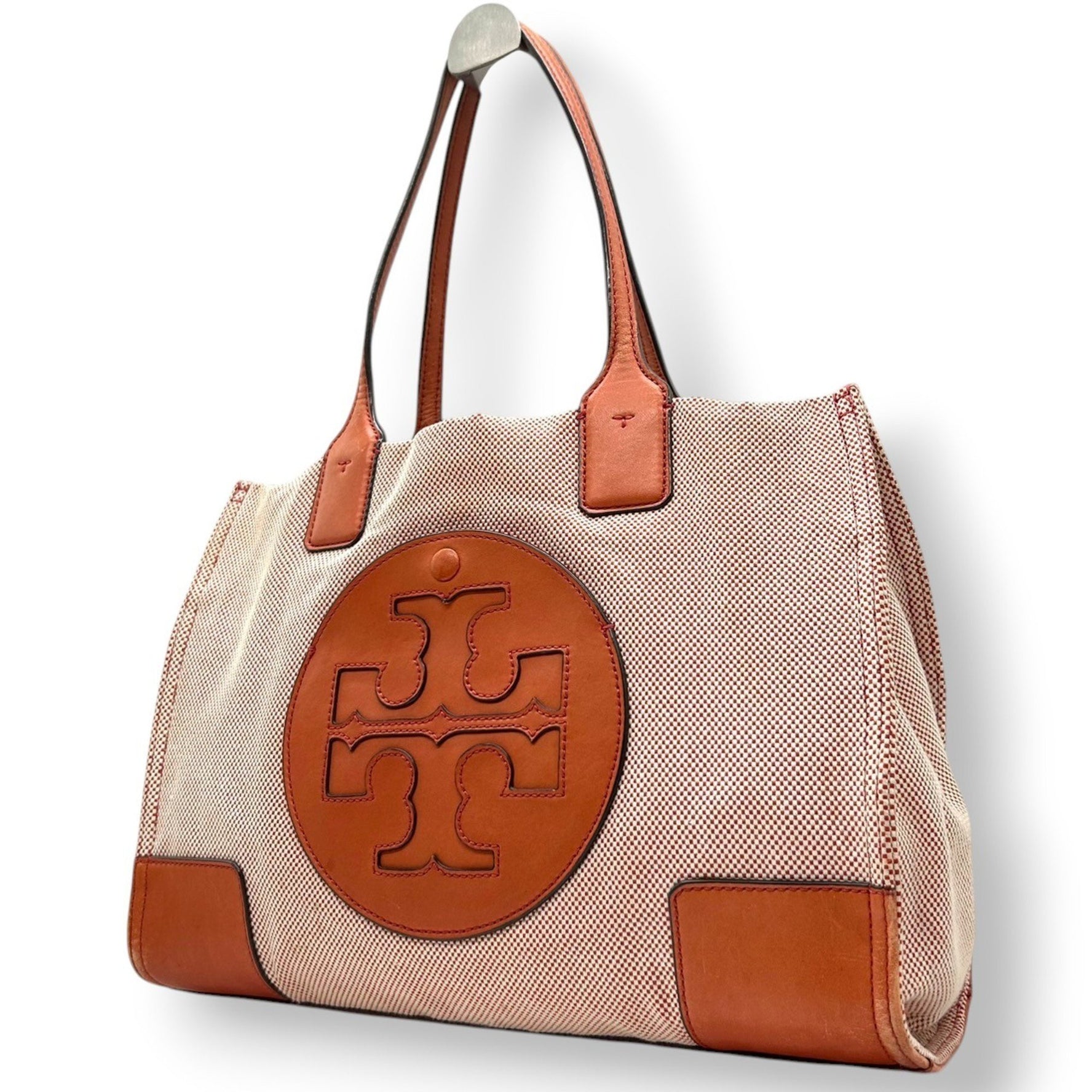 Tory Burch Ella Tote Bag Canvas and Leather, Orange Brown, Handbag with Big Logo, Size