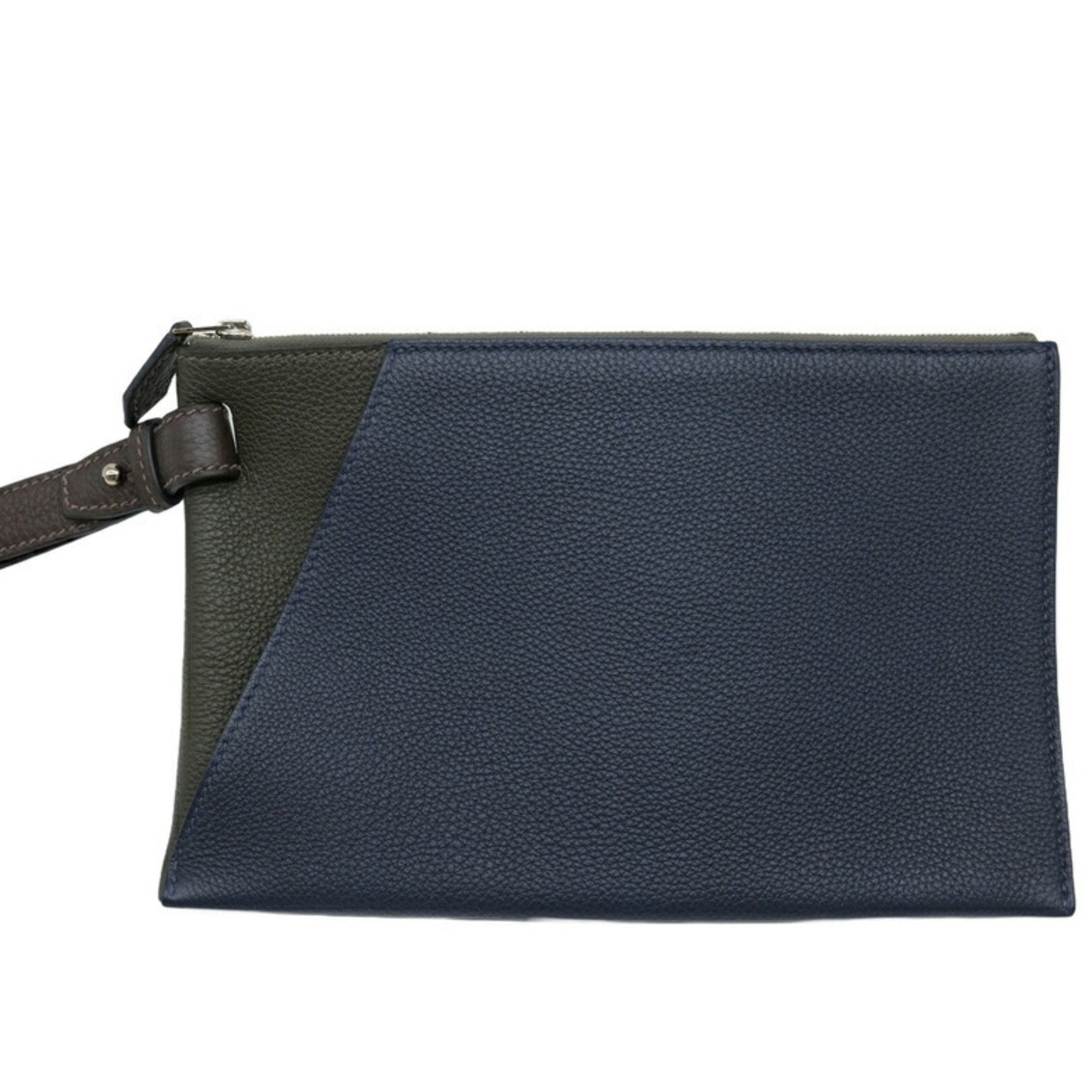 HERMES Cabas Vertige 24 Clutch Bag Second Togo Leather Navy Khaki Brown