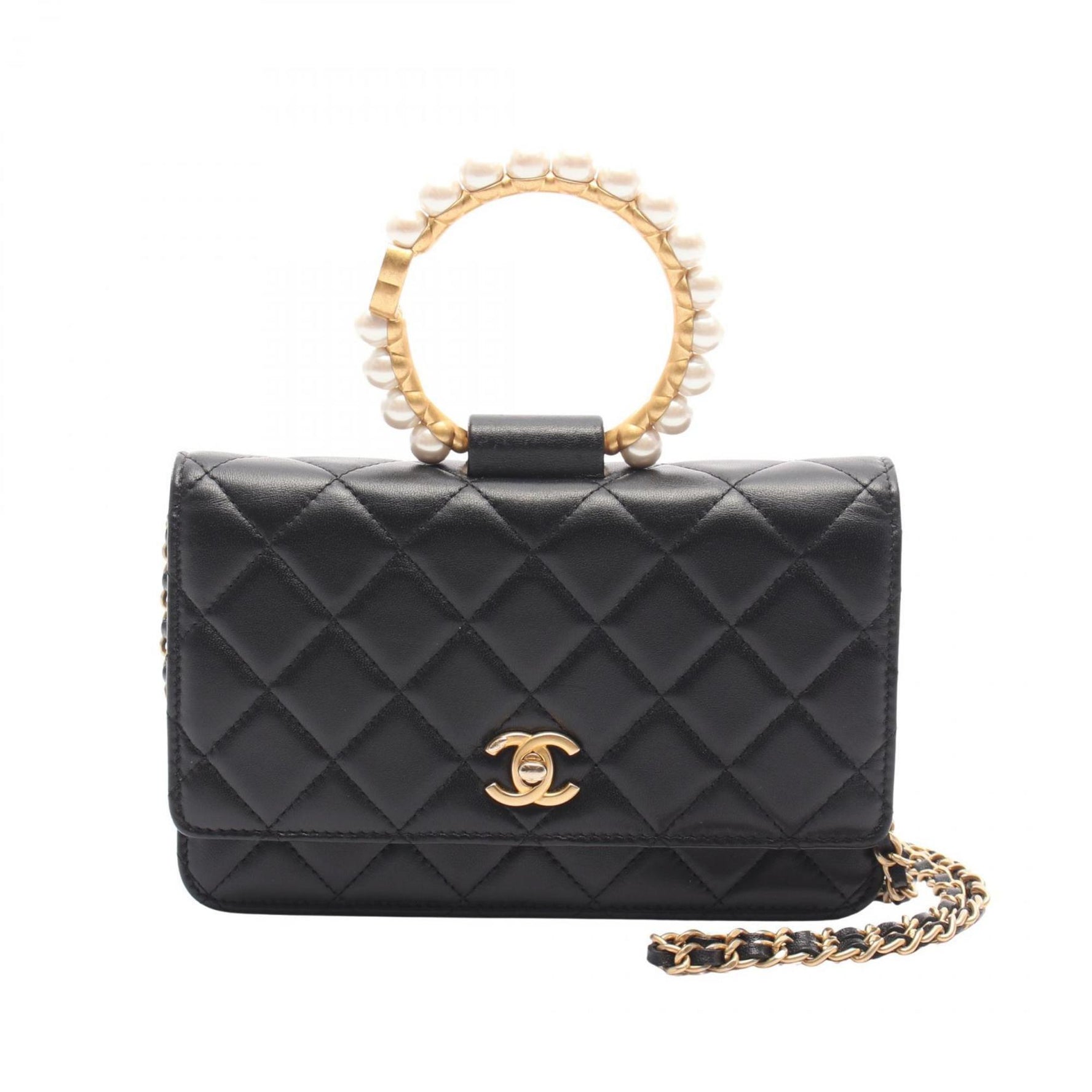CHANEL Matelasse Loop Pearl Handle Shoulder Bag Lambskin (Sheepskin) Women's Black