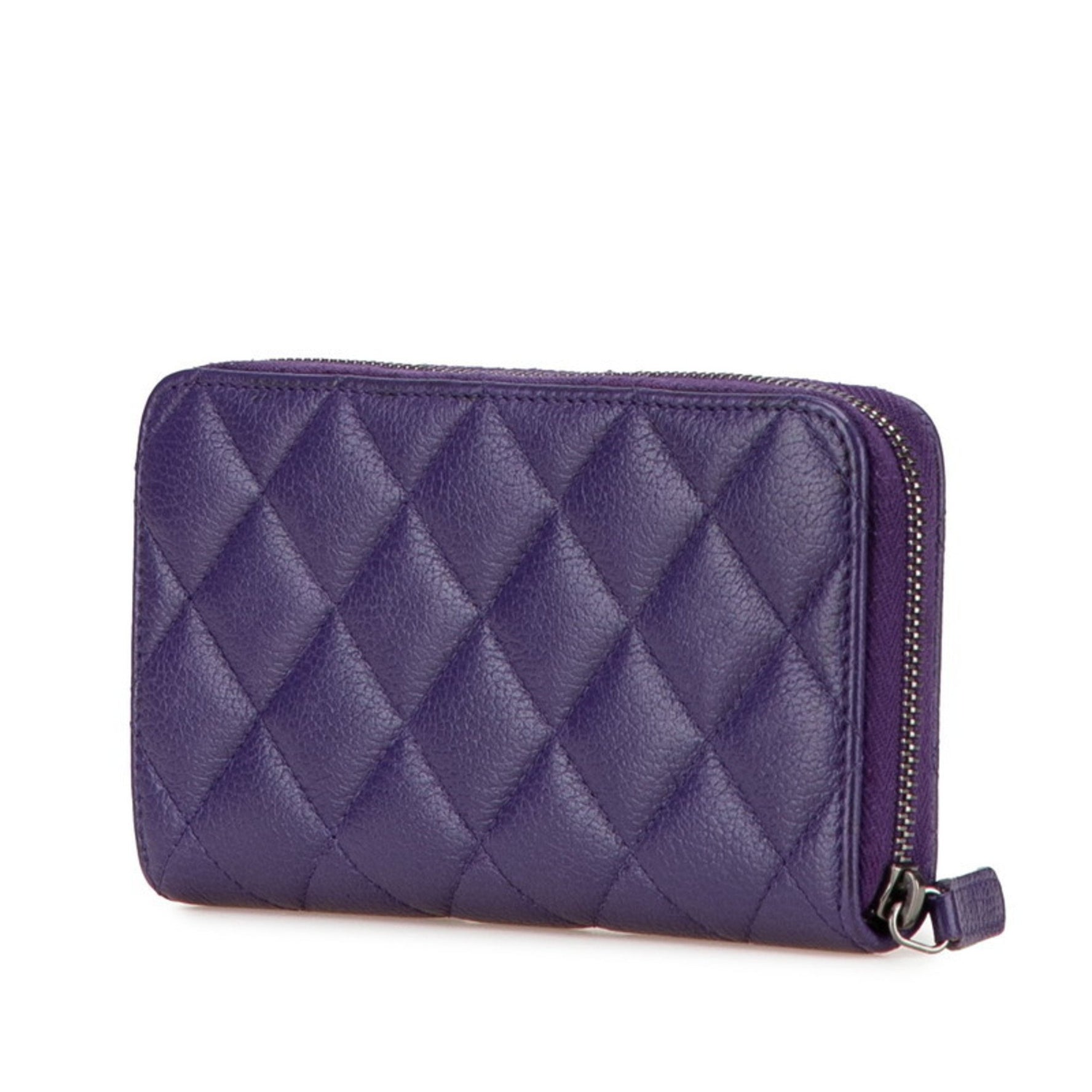 Chanel Matelasse Coco Mark Long Wallet Round Zipper Purple Silver Lambskin