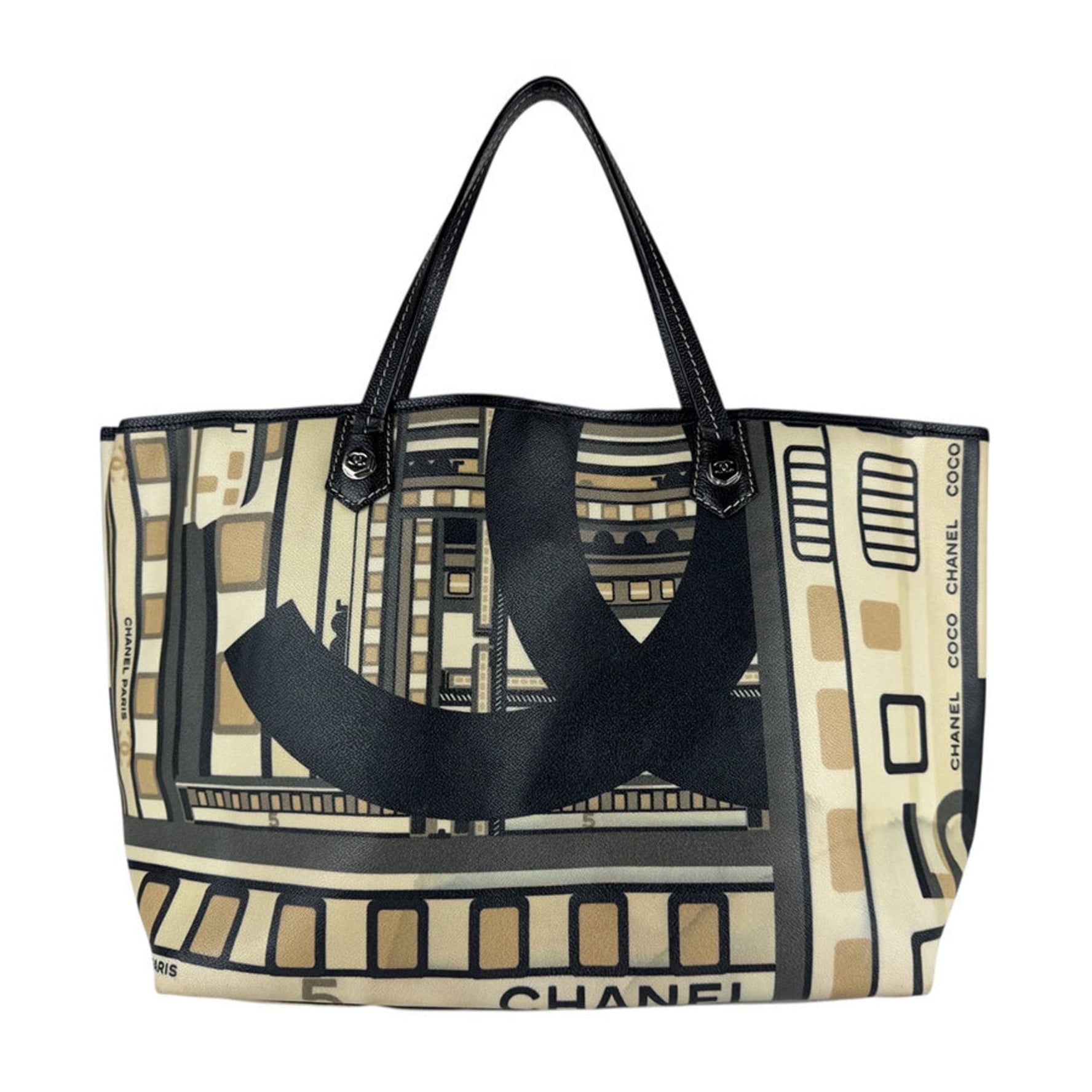 CHANEL Central Station Tote Bag, Leather, Beige, Black, Silver
