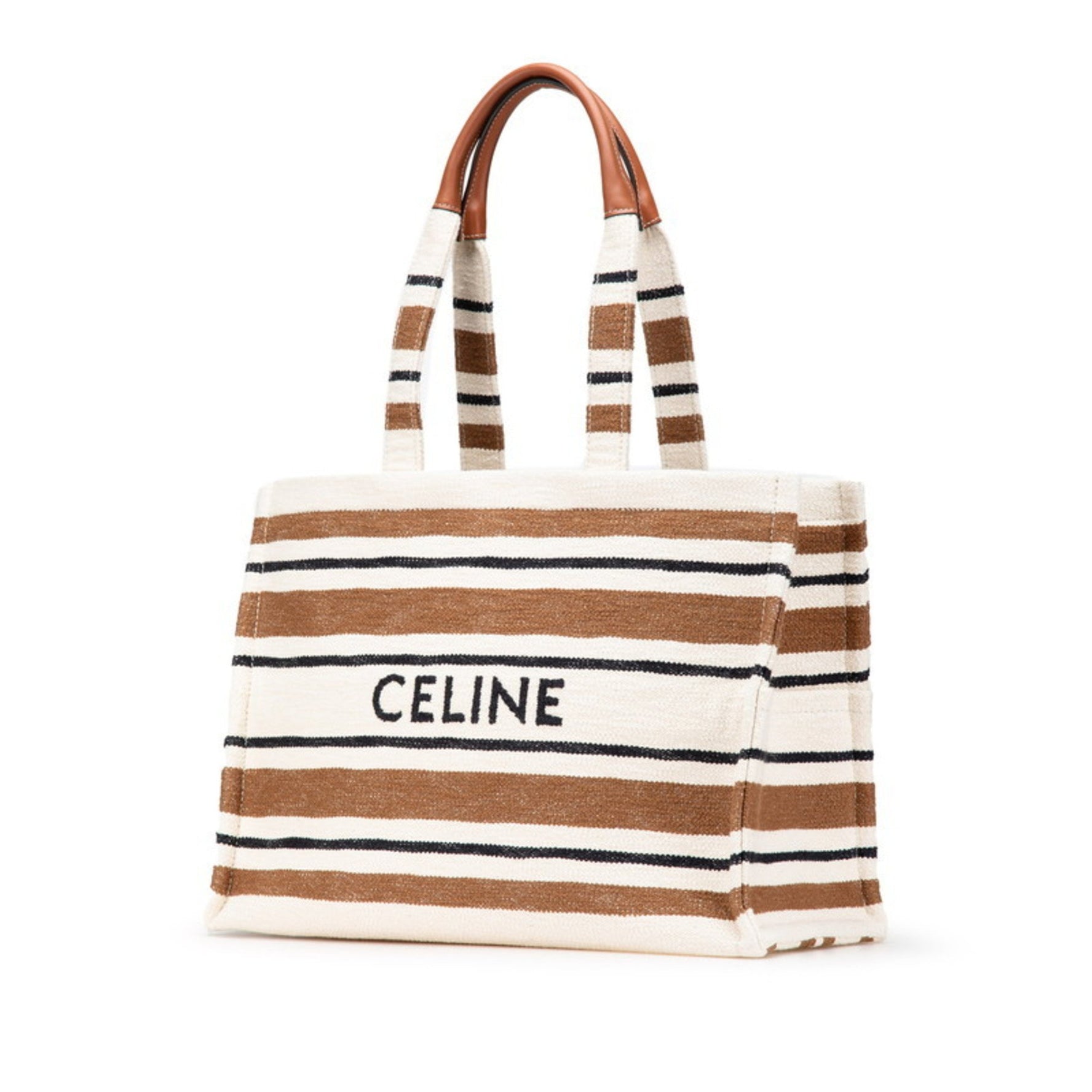 Celine logo handbag tote bag in white, brown, and black canvas leather.