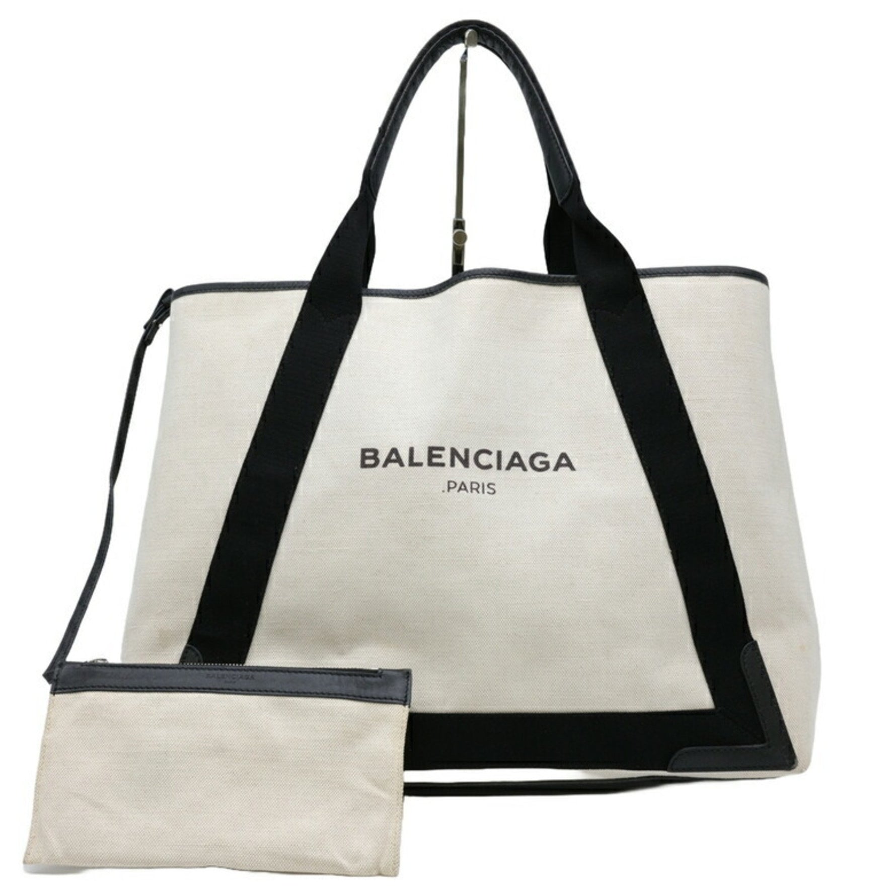 BALENCIAGA Navy Cabas Tote Bag Leather Canvas Women's White Ivory