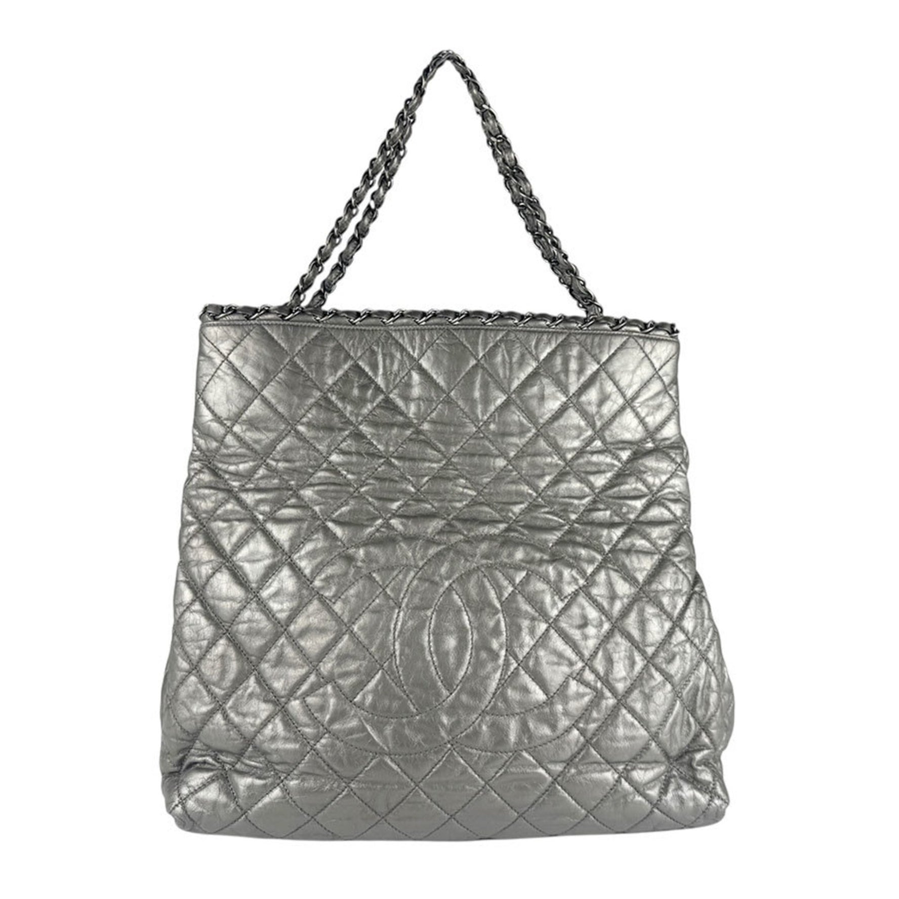CHANEL Metallic Gray Leather Handbag