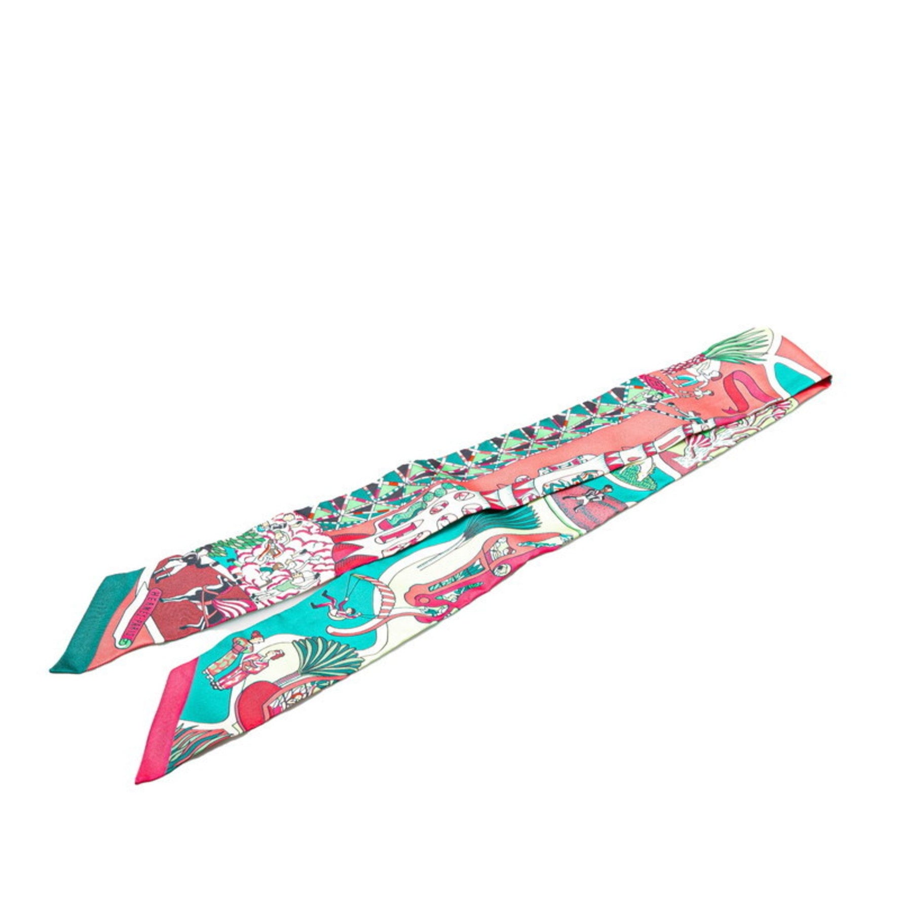 Hermes Twilly EXPOSITION UNIVERSELLE Off Scarf Muffler Pink Green Multicolor Silk
