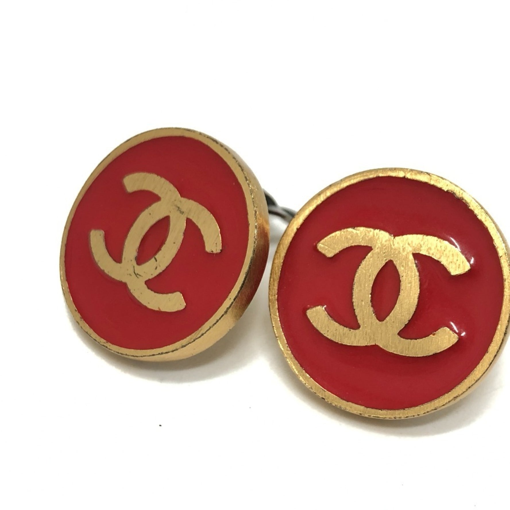 CHANEL Coco Mark Accessory Vintage Clip-on Earrings Metal Women's Red Gold