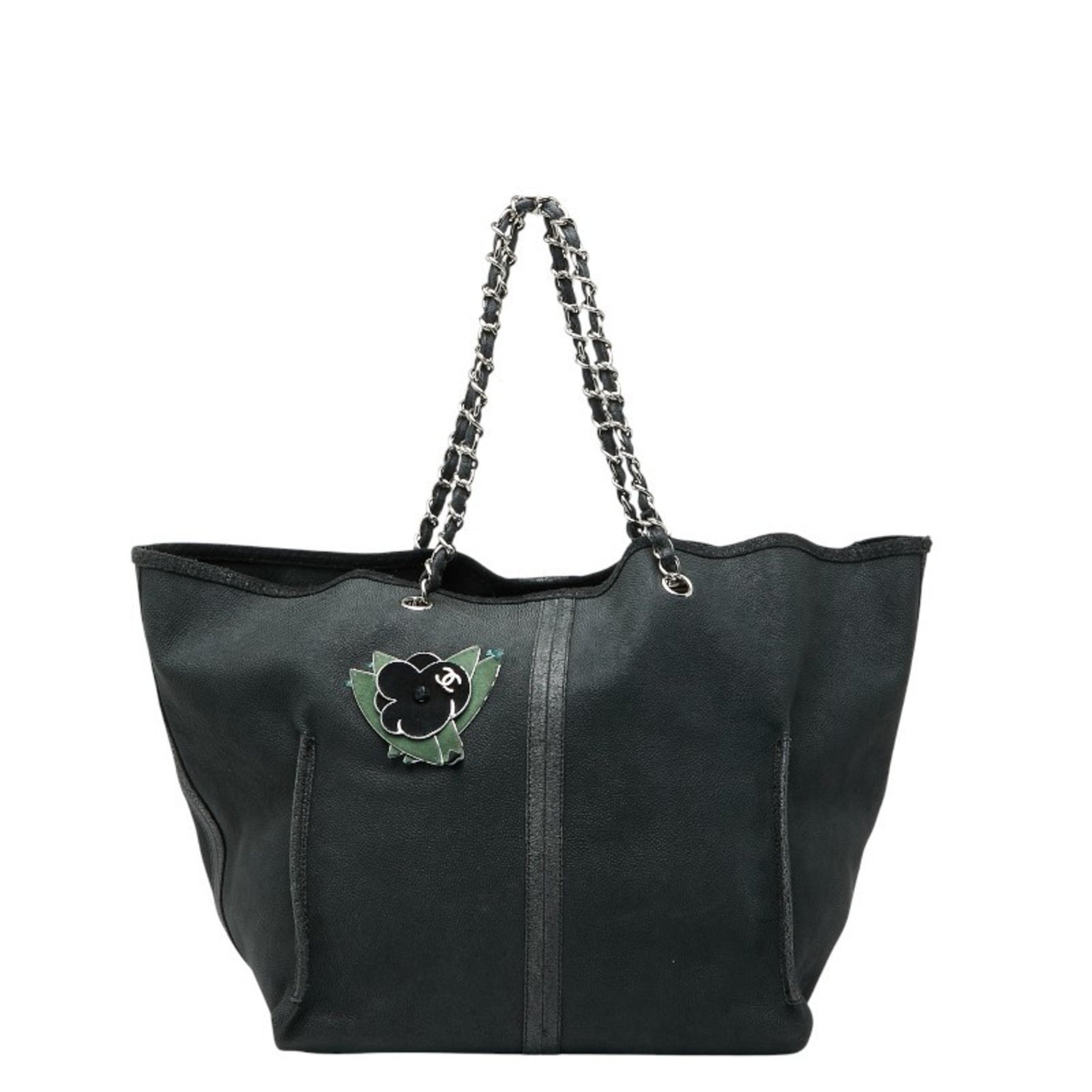 CHANEL Camellia Chain Tote Bag in Black and Green Caviar Leather