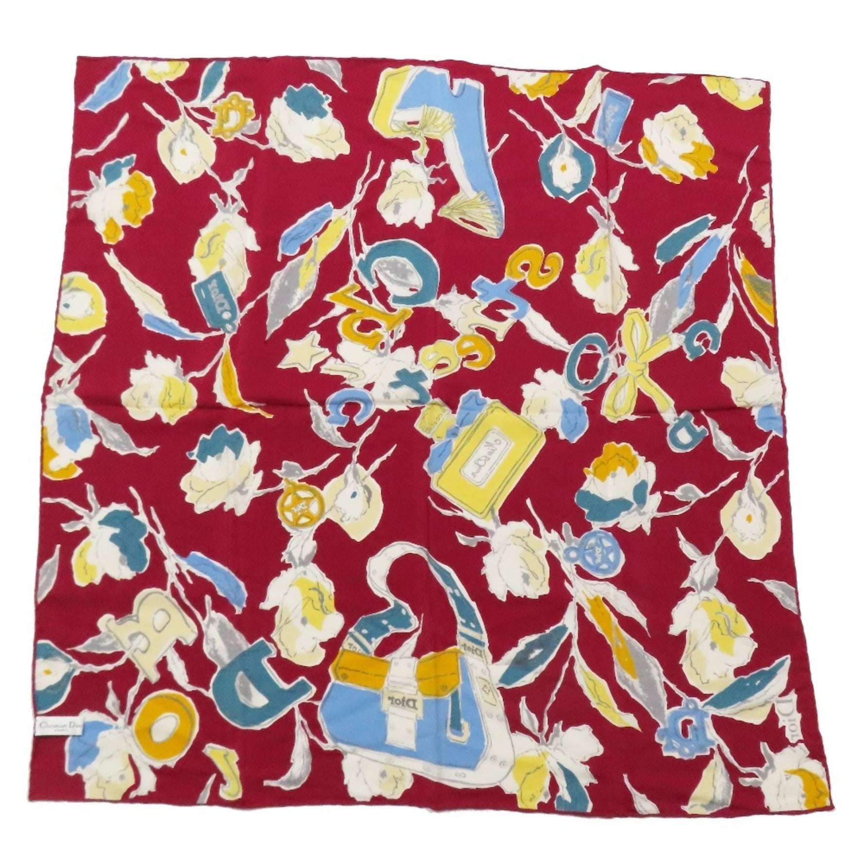 Christian Dior 100% Silk Square Scarf/Bandana with Logo, Bag, and Perfume Print, Floral Pattern, Wine Red