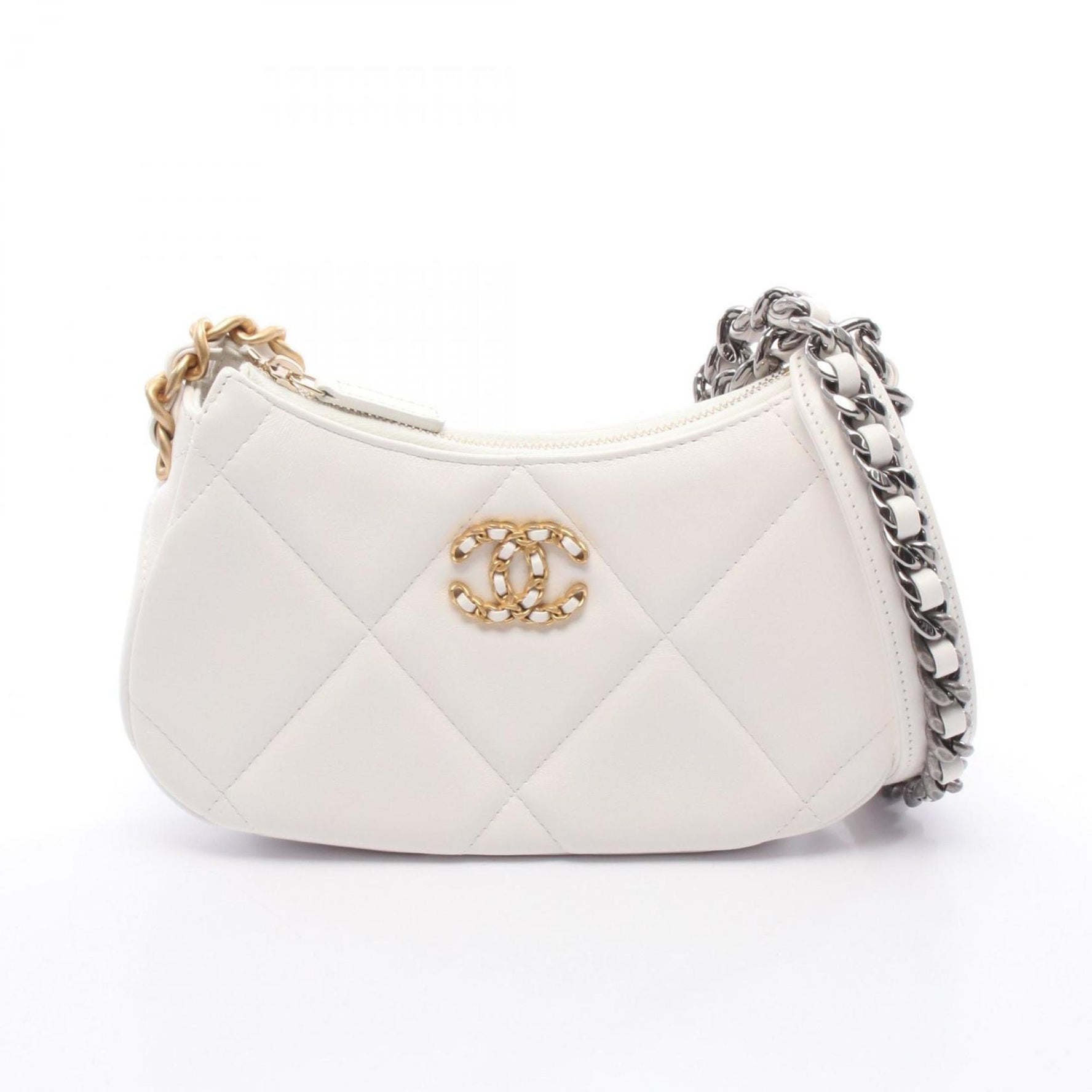 CHANEL Chanel 19 Matelasse Small Hobo Shoulder Bag, Leather, Women's, White, AP3676