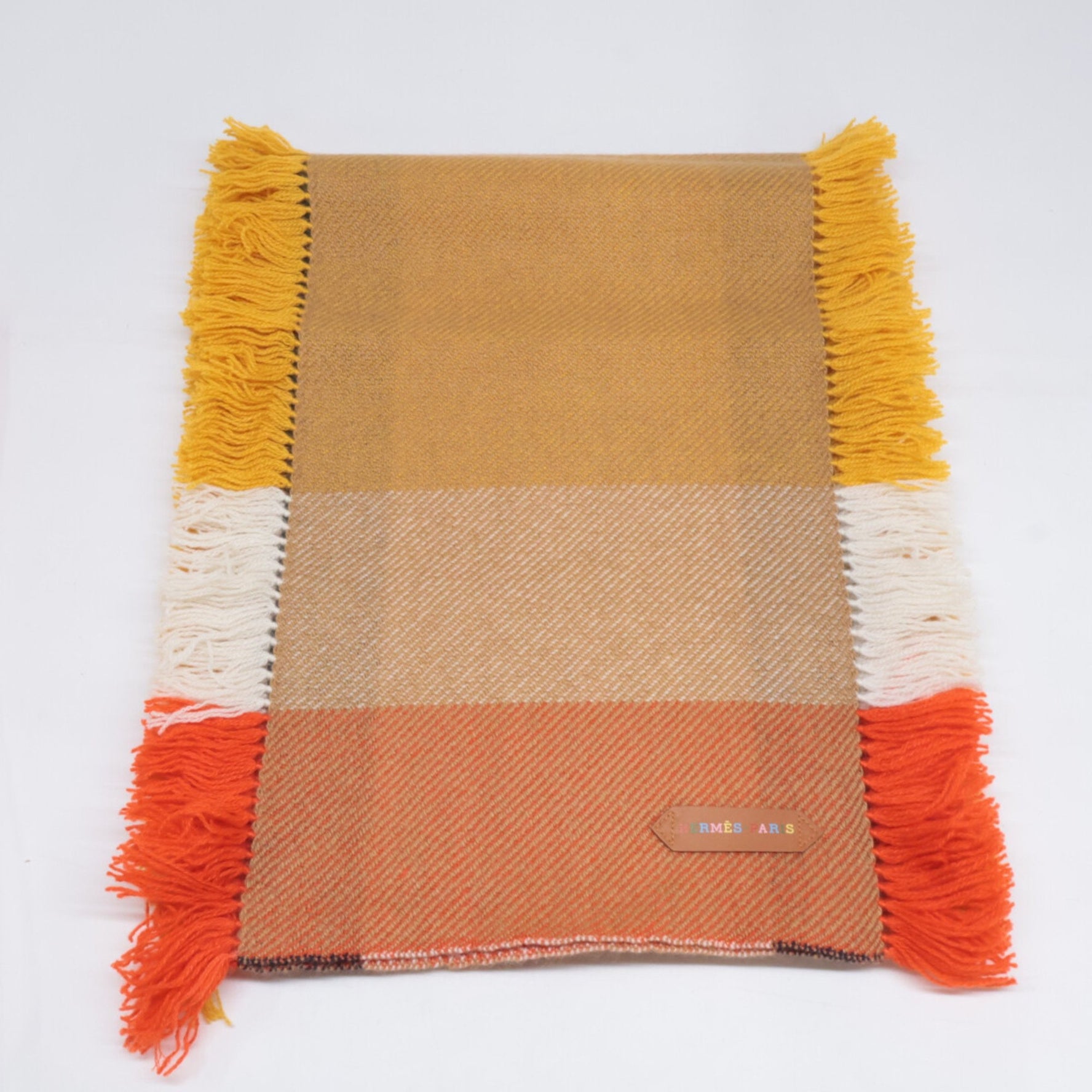 HERMES Cashmere Fringe Scarf in Jaune Soleil Beige and Ecru