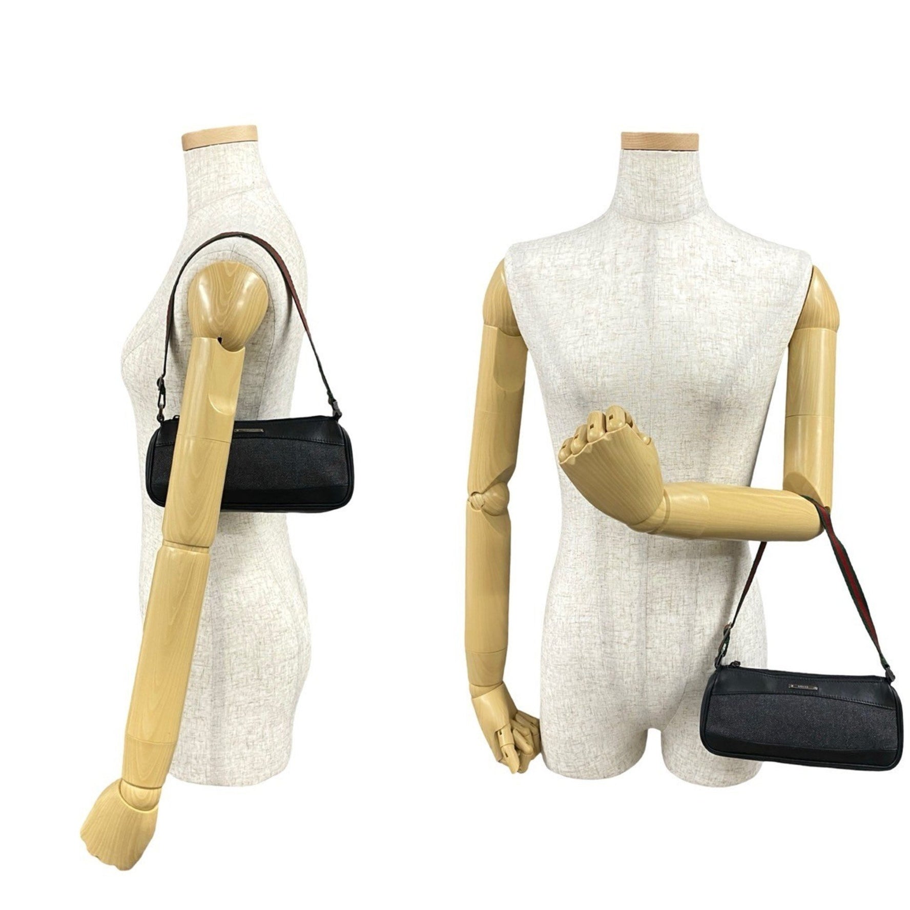 GUCCI Sherry Line Logo Hardware Leather and Denim Mini Semi-One Shoulder Bag Handbag Black