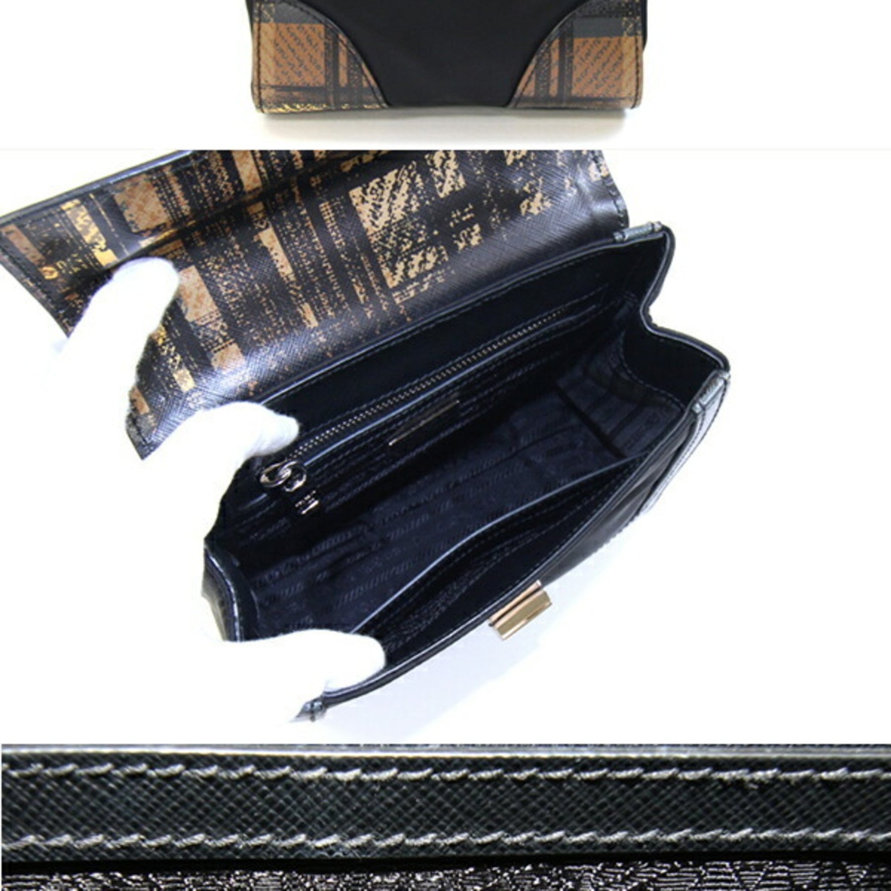 Prada Handbag Black Brown Nylon Leather Shoulder Bag Check