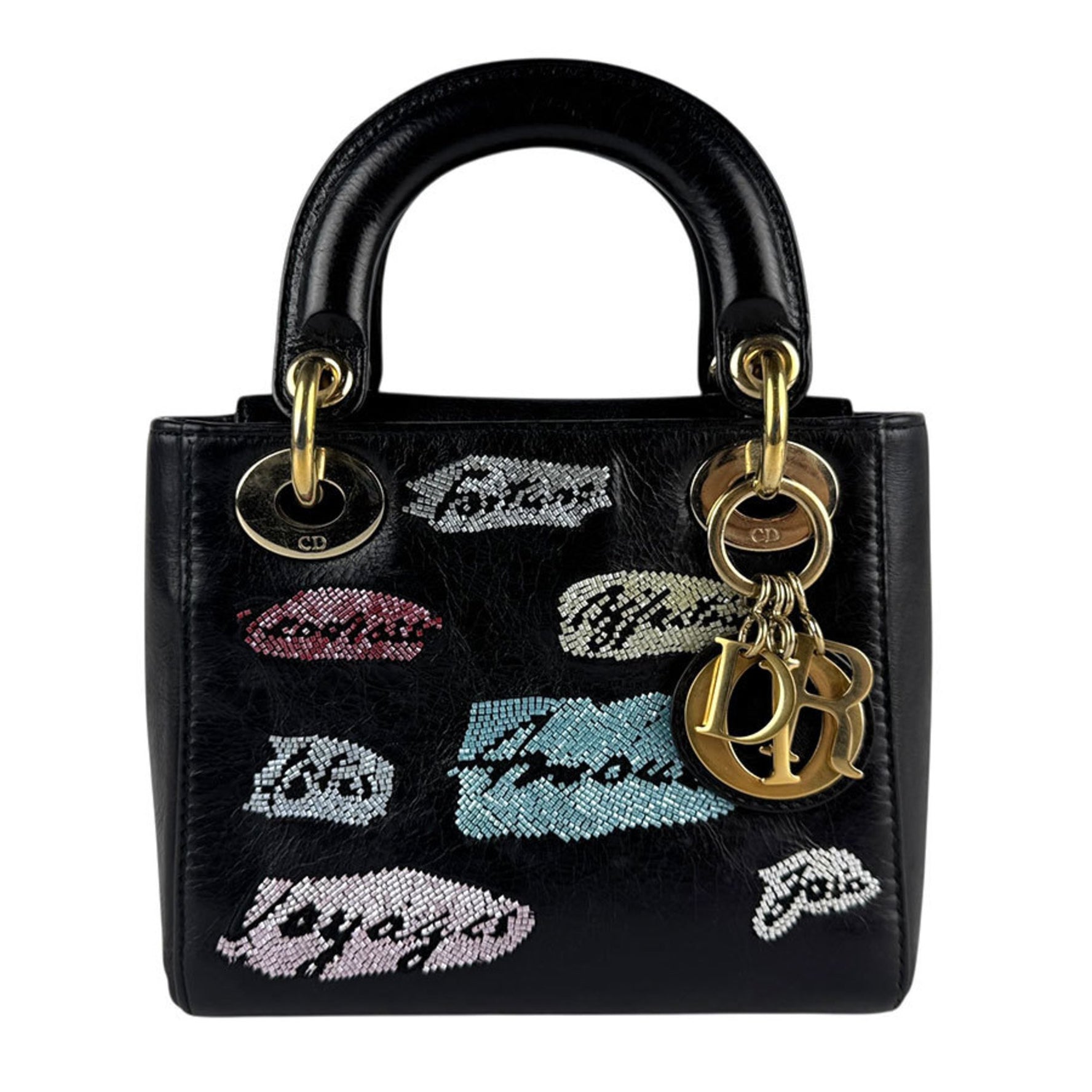 Christian Dior Lady Art Leather Shoulder Bag in Black, Multicolor, and Gold