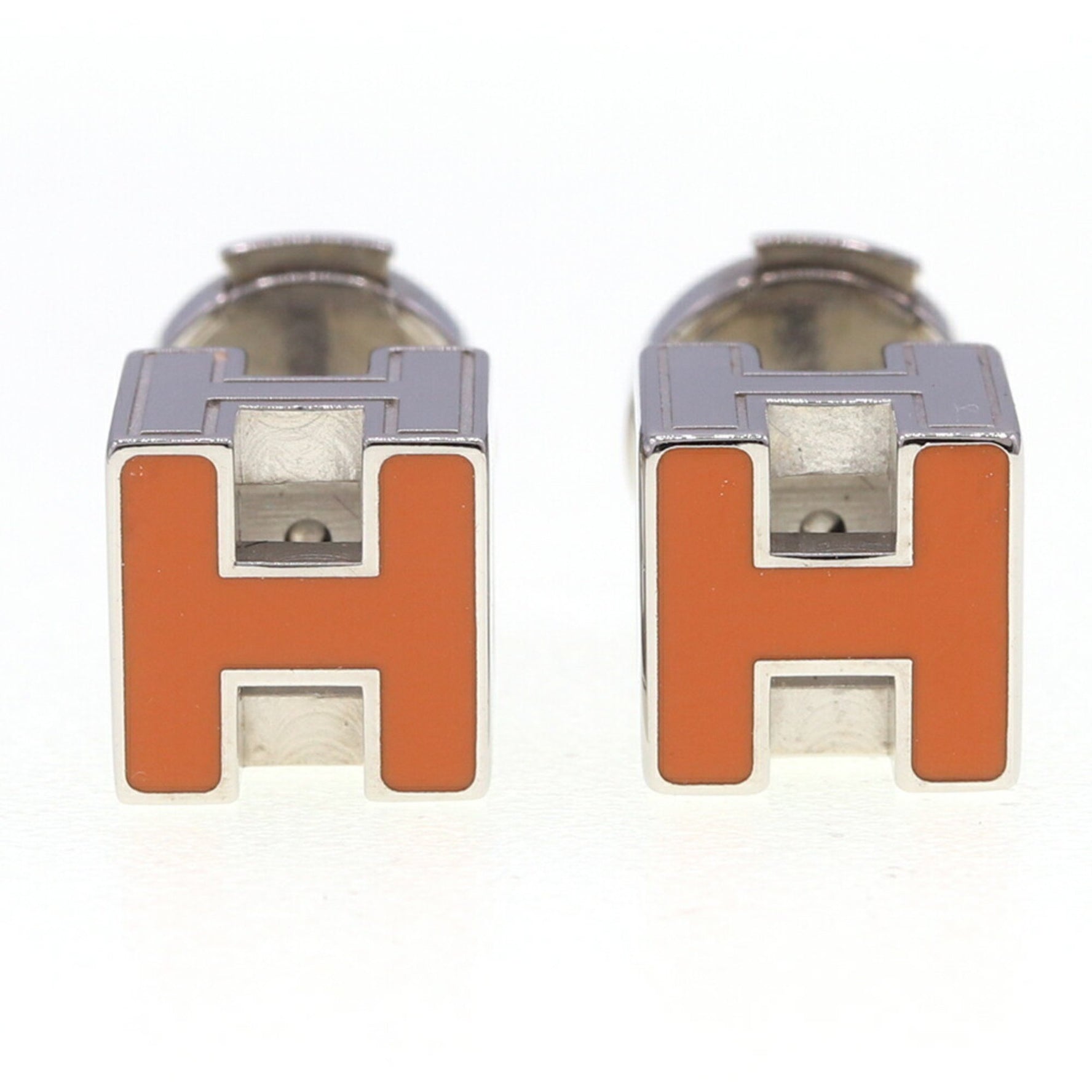 Hermes Earrings, Cage d'Ash, H Cube Orange, Silver, Metal, Studs