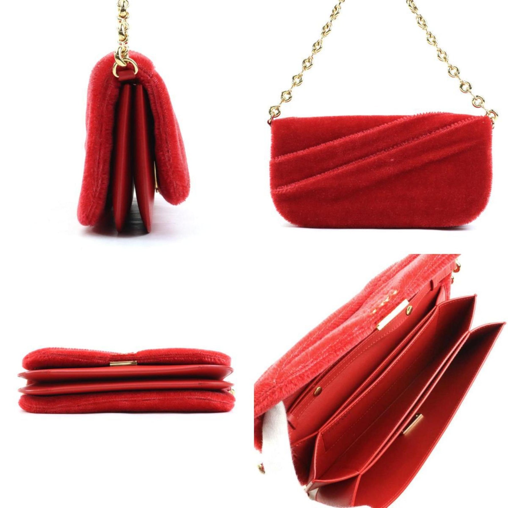 LOEWE Shoulder Bag Clutch Anagram Leather Metal Mohair Red Gold