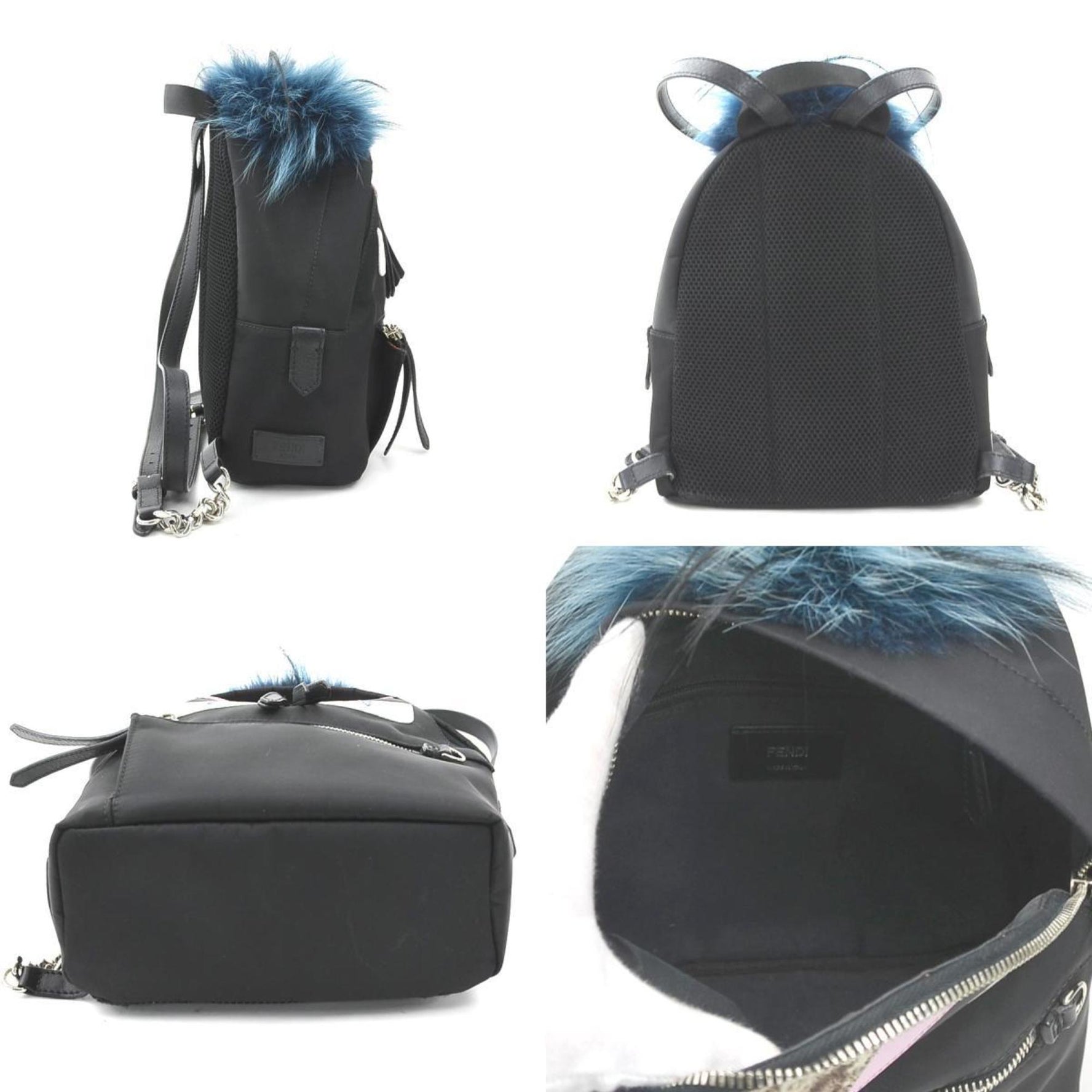 FENDI Backpack Monster Bugs Nylon Fur Black Blue Silver