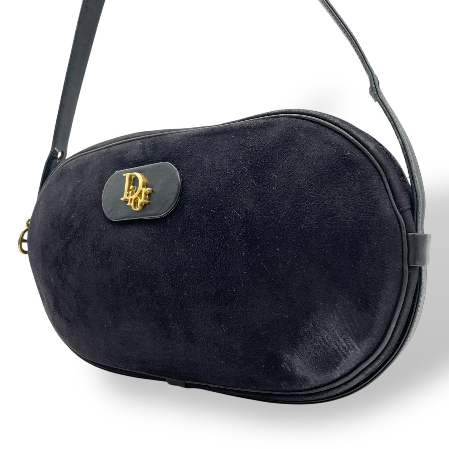 Christian Dior shoulder bag, sacoche, blue suede and leather, logo, gold hardware, vintage crossbody bag