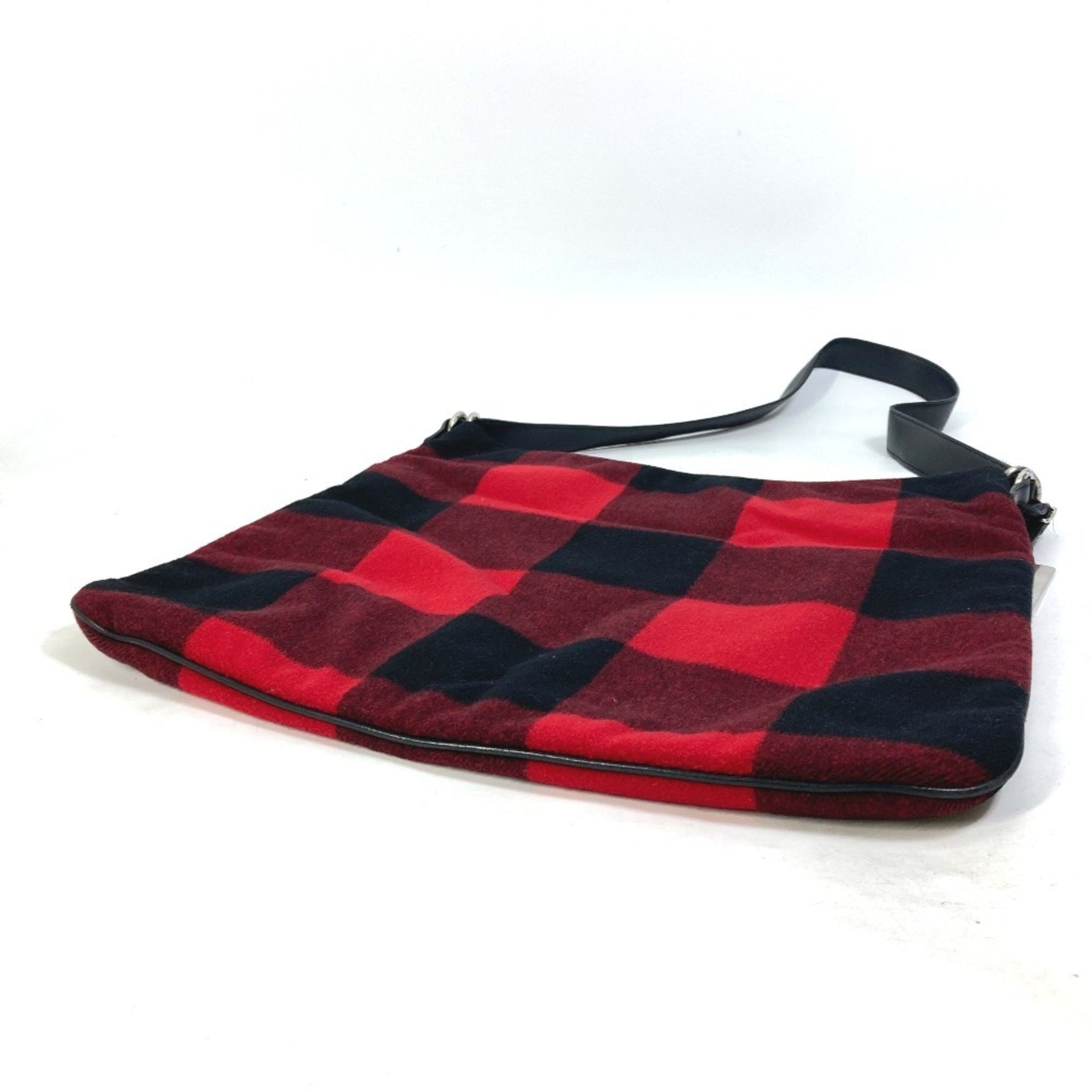 CELINE Check Shoulder Bag in Cotton and Leather, Red