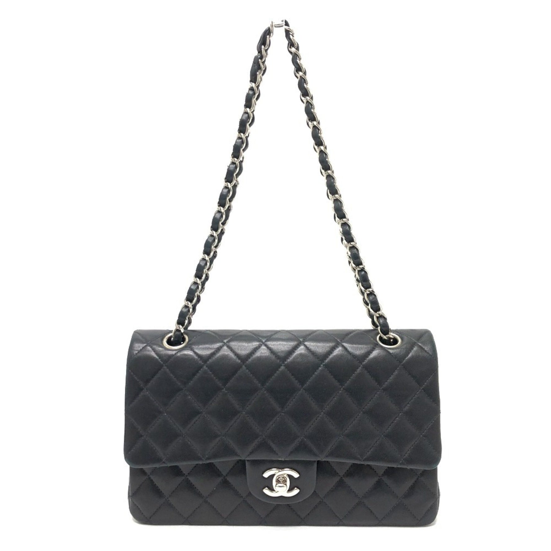 CHANEL Matelasse 25 Double Chain Flap Shoulder Bag, Lambskin, Silver Hardware, Black