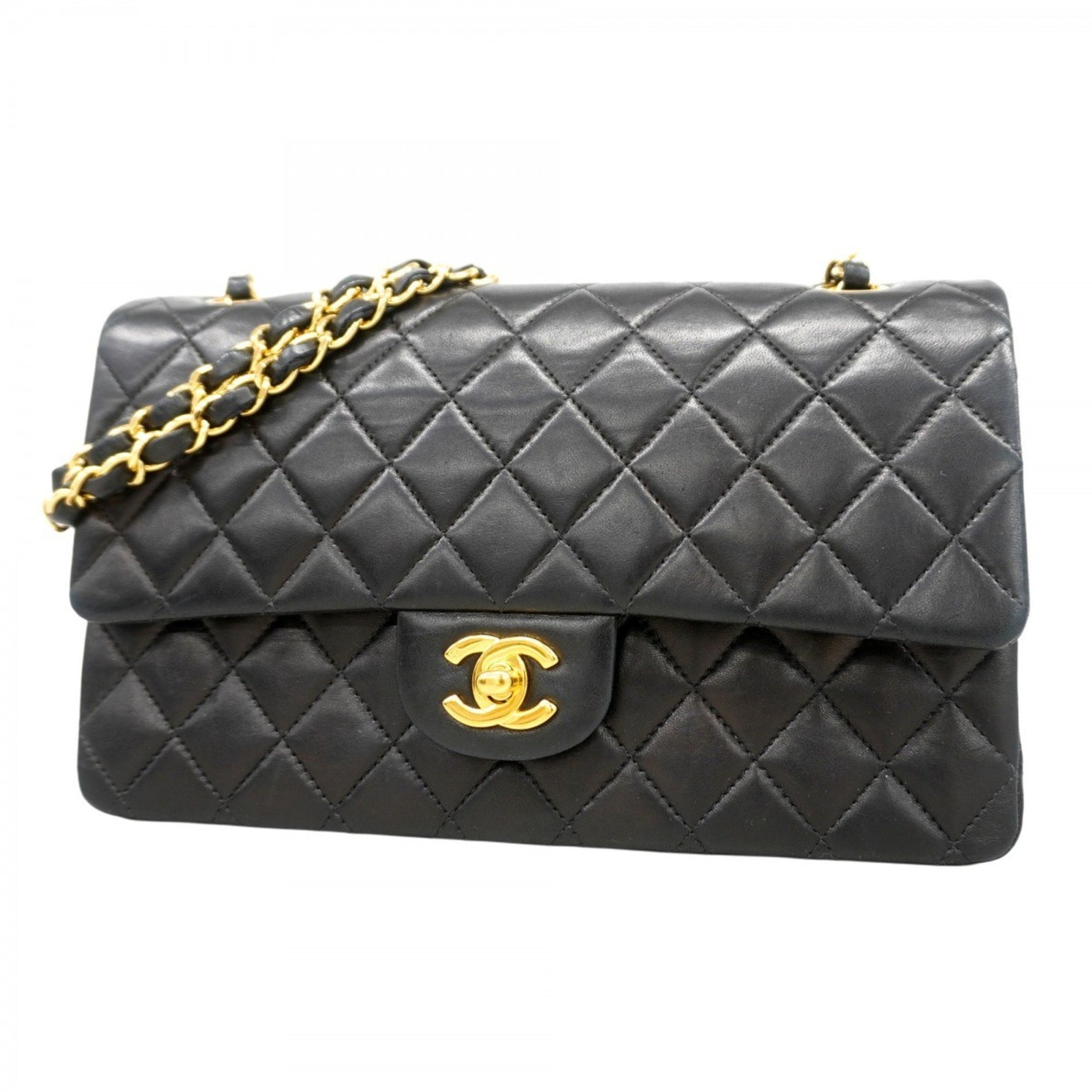 Chanel Matelasse Shoulder Bag with Double Flap and Chain, Lambskin, Black, Women's, P1118898