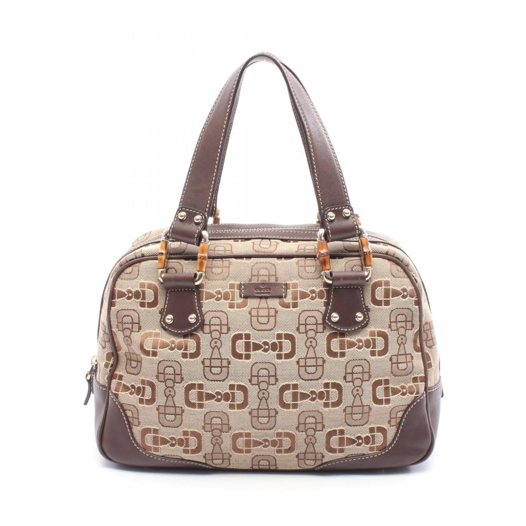 Gucci Bamboo Horsebit Mini Boston Bag, Canvas and Leather, Beige Brown