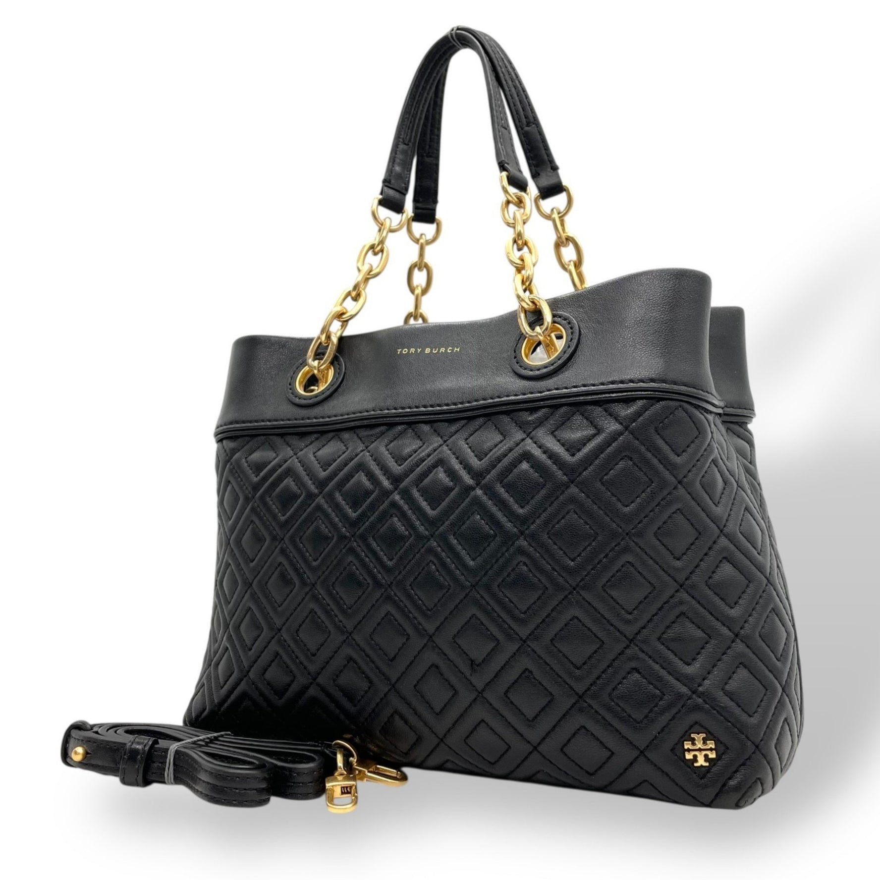 TORY BURCH Fleming 2-Way Handbag/Shoulder Bag in Black with Gold Hardware, Quilted Leather, Chain Handle, and Crossbody Bag, Size C