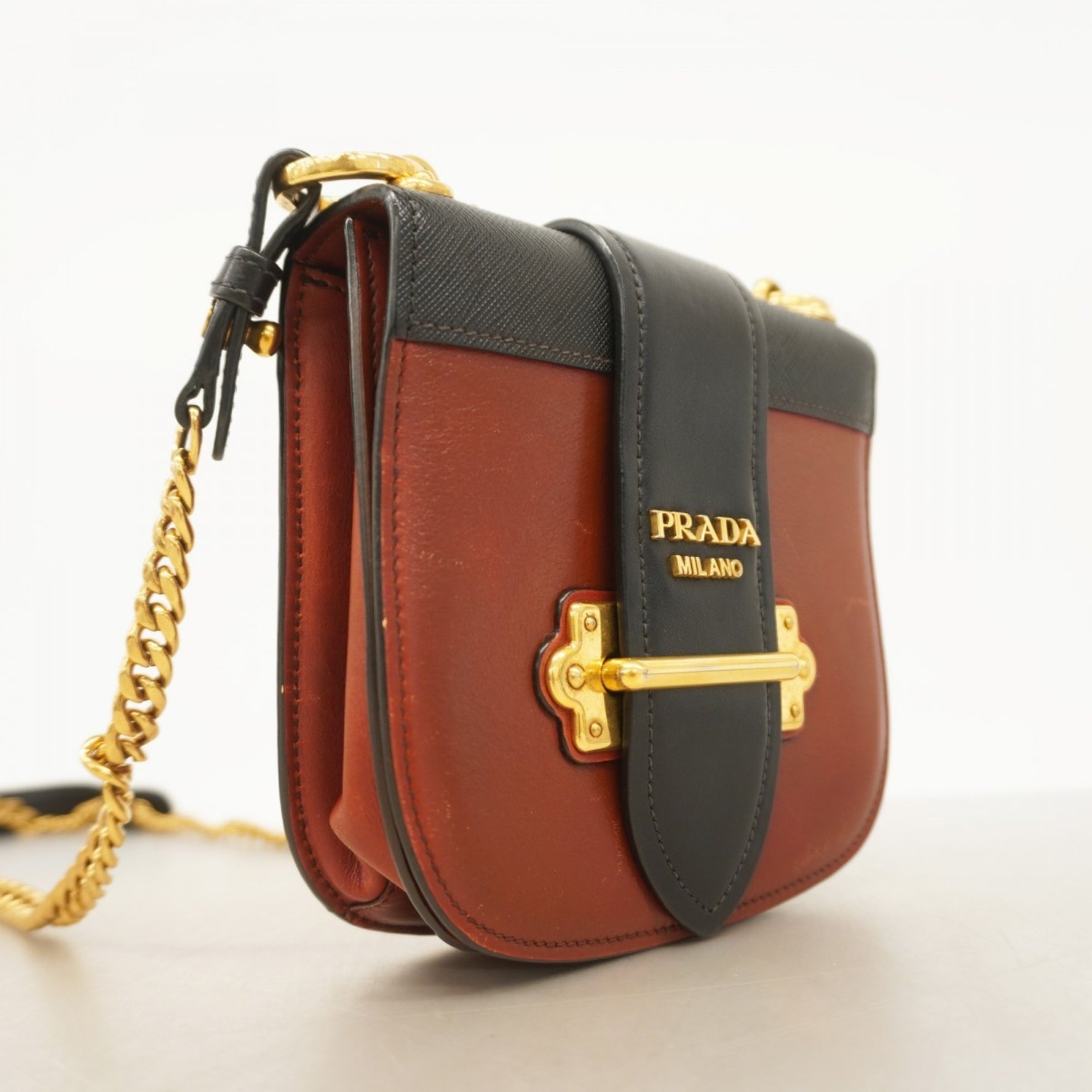 Prada Cahier Shoulder Bag in Black and Brown Leather