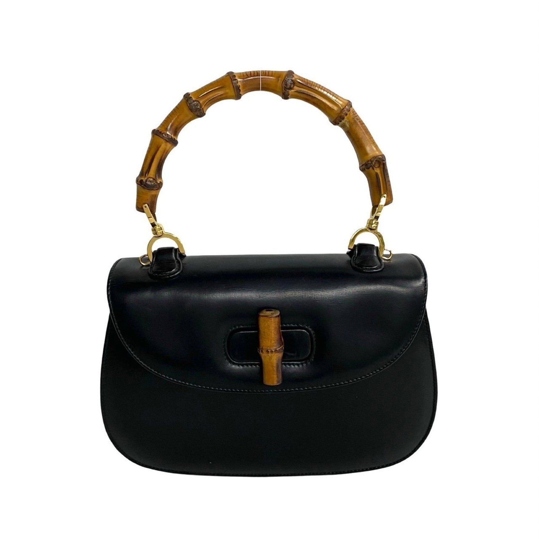GUCCI Old Gucci Bamboo Leather Turnlock Handbag/Mini Tote Bag, Black,