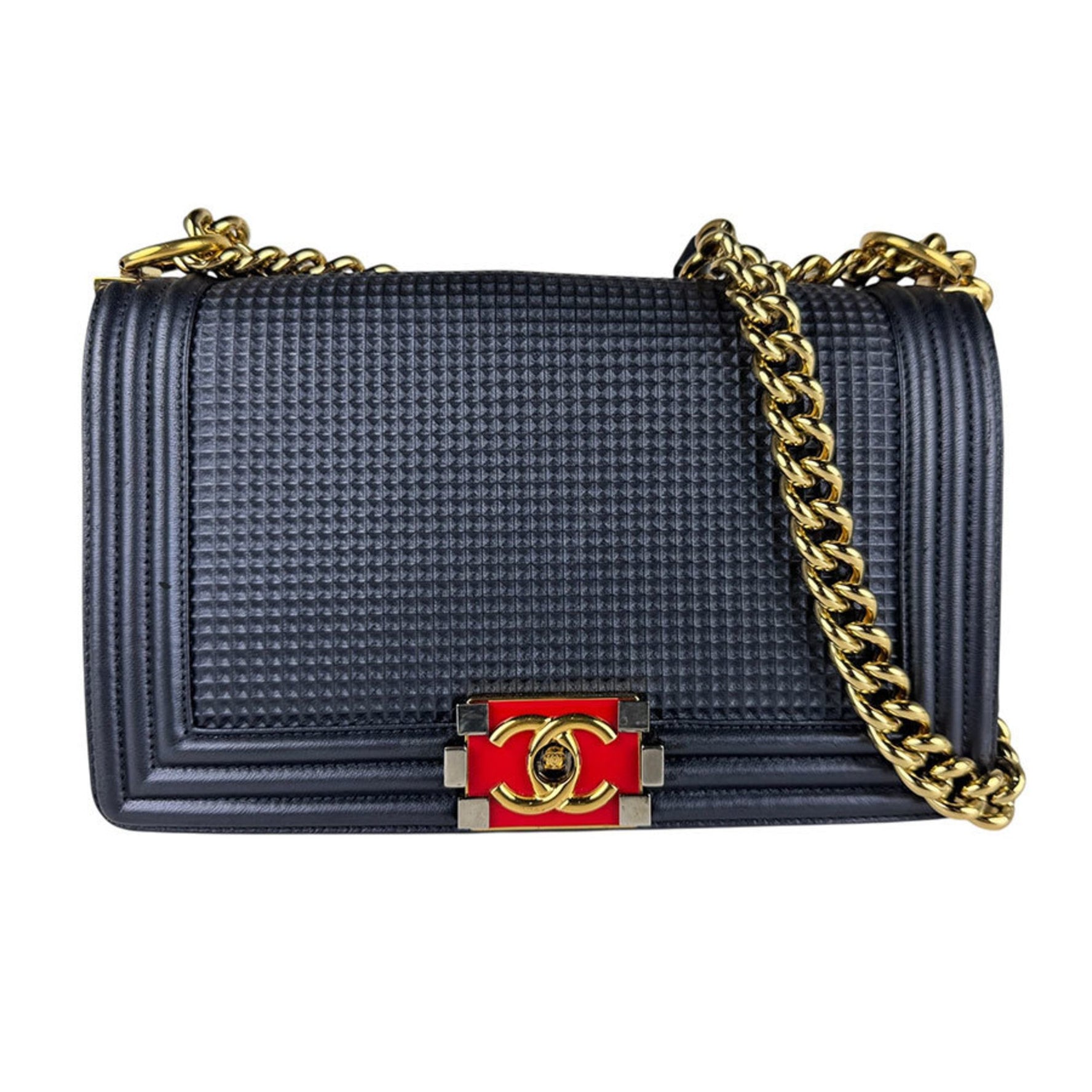 CHANEL Boy Shoulder Bag, Leather, Navy x Red