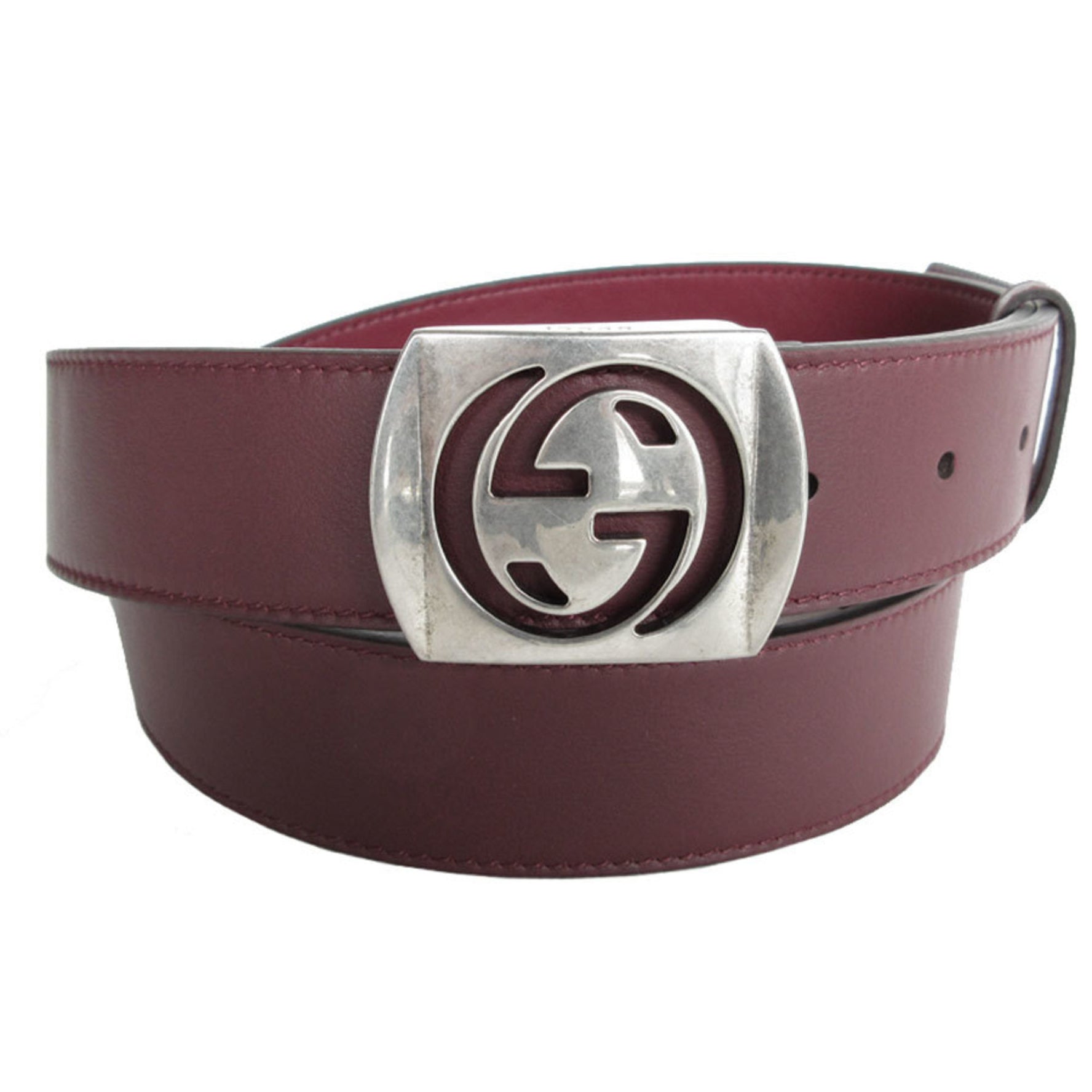 GUCCI Belt Leather Metal Burgundy Silver