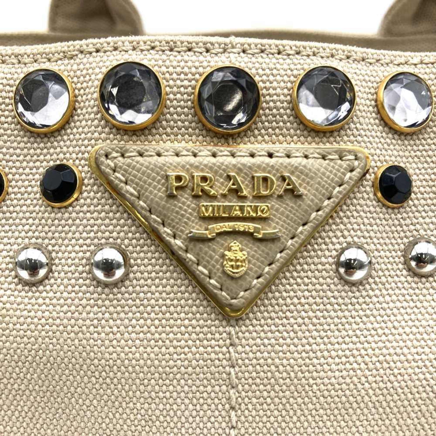 PRADA Canapa Beaded Tote Bag, Handbag, Studded Canvas, Beige, Ivory
