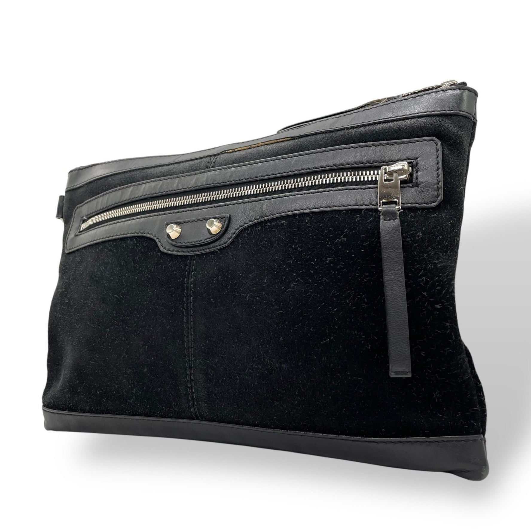 BALENCIAGA CLASSIC CLIP M Black Suede Leather Silver Hardware Second Bag Men's Women's K11