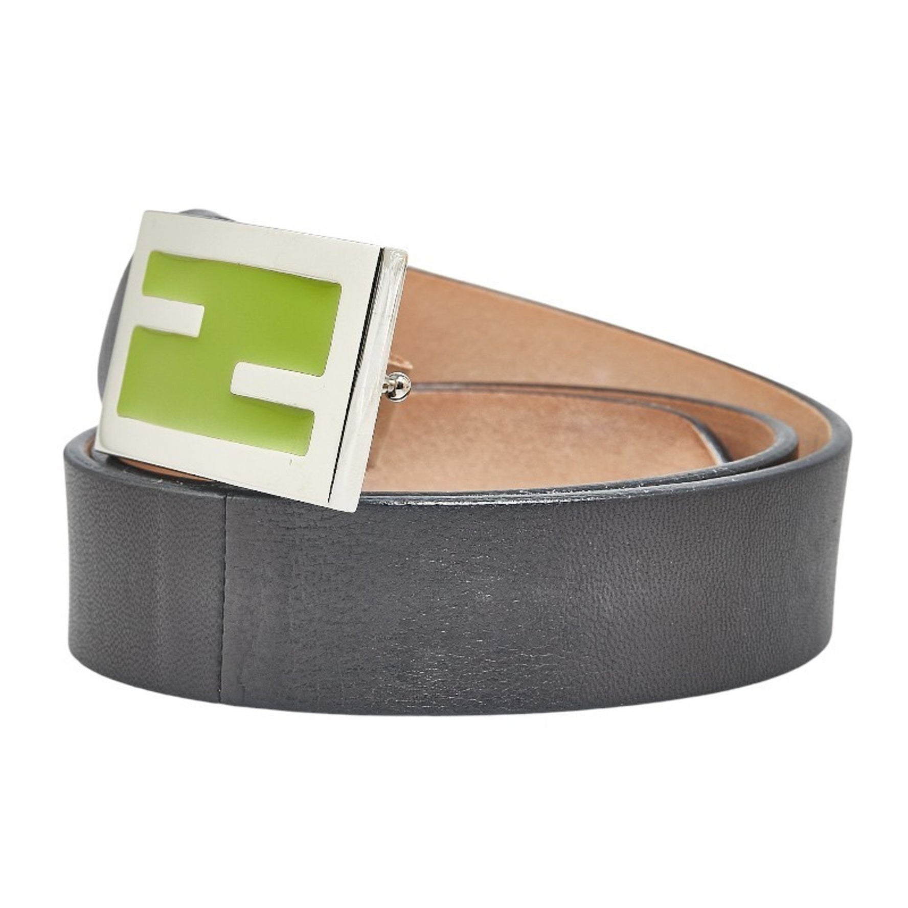 FENDI Belt 38 Black Silver Green Leather