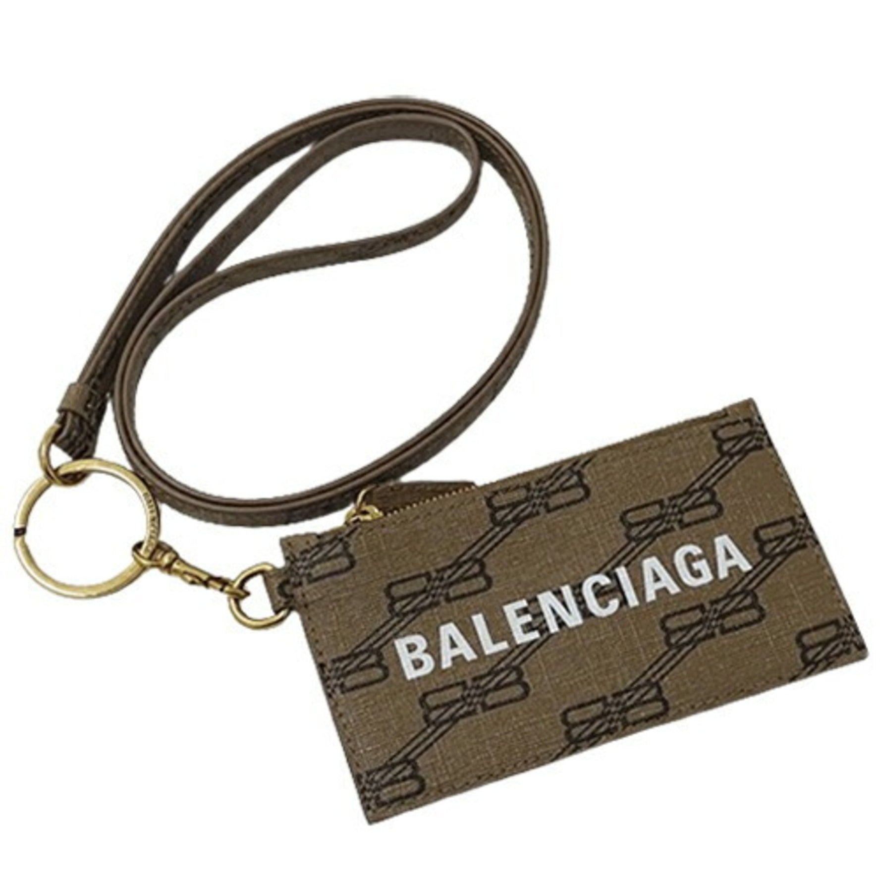 BALENCIAGA Wallet for Women and Men Signature Fragment Case Coin Card Coated Canvas Light Brown with Neck Strap