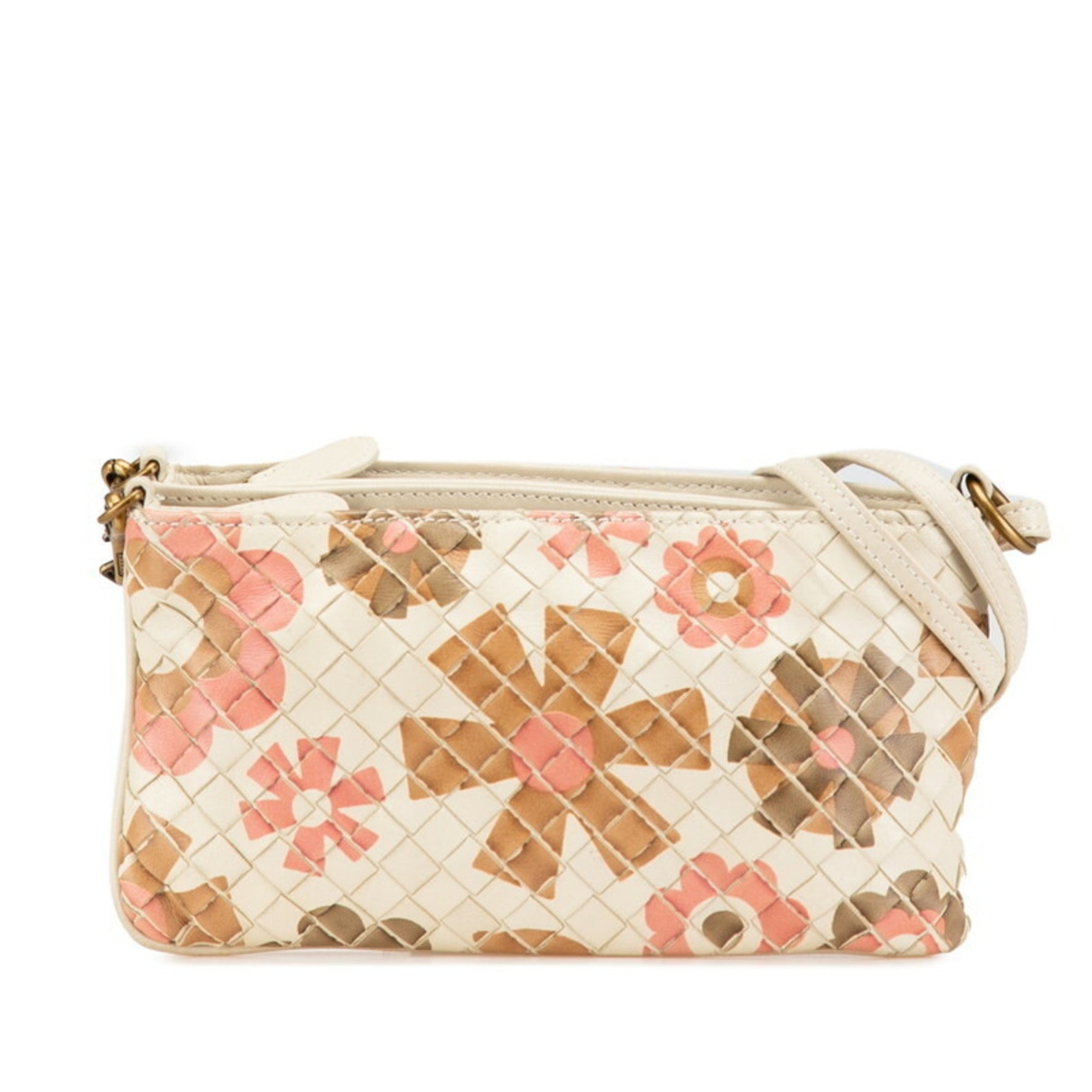 Bottega Veneta Intrecciato Flower Motif Shoulder Bag White Beige Pink Leather BOTTEGAVENETA