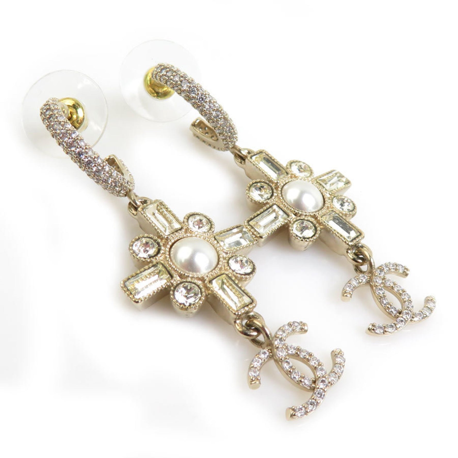 CHANEL Metal Pearl Earrings, Gold and White