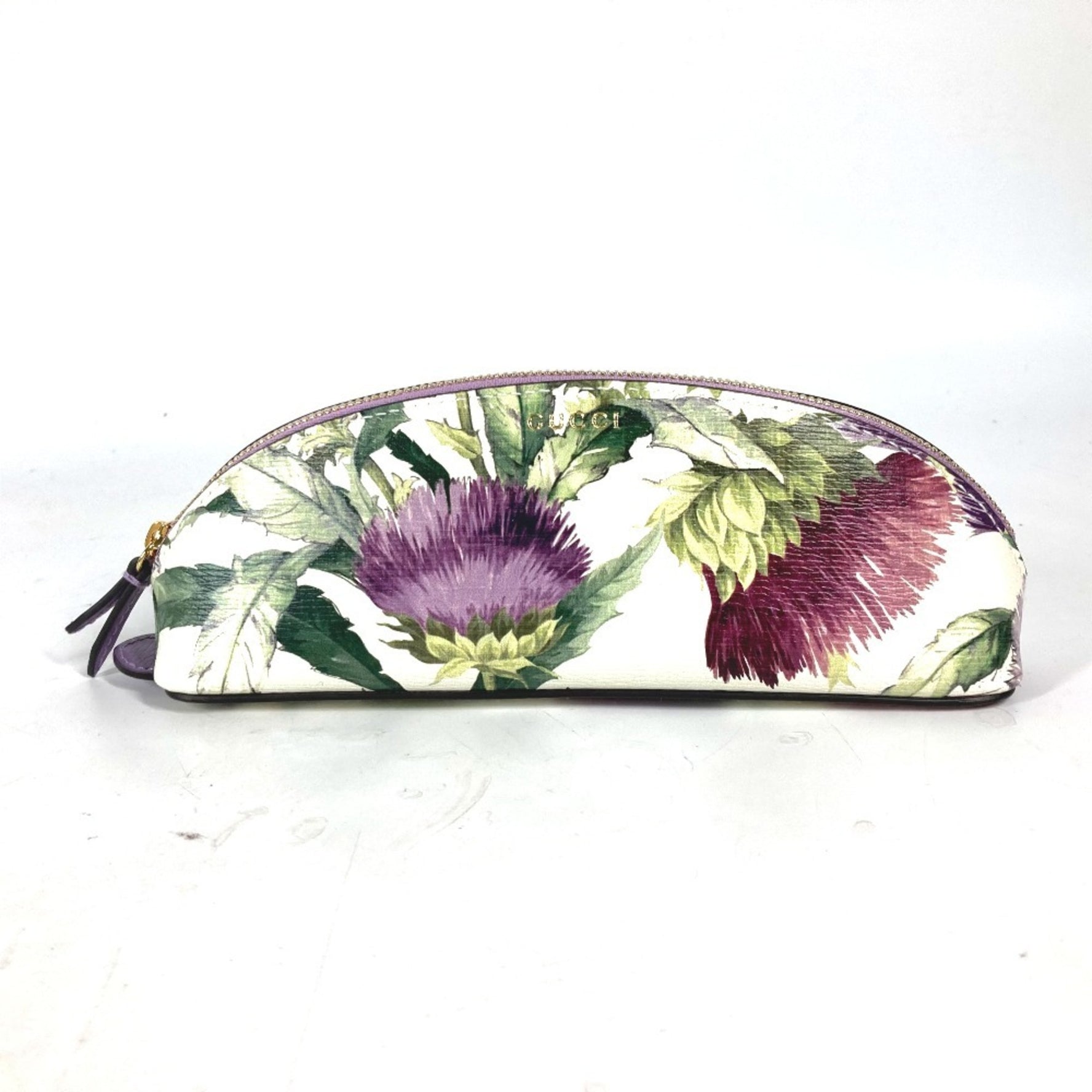 GUCCI Tian Flora Print Pencil Case Pouch Pen Leather Women's Purple