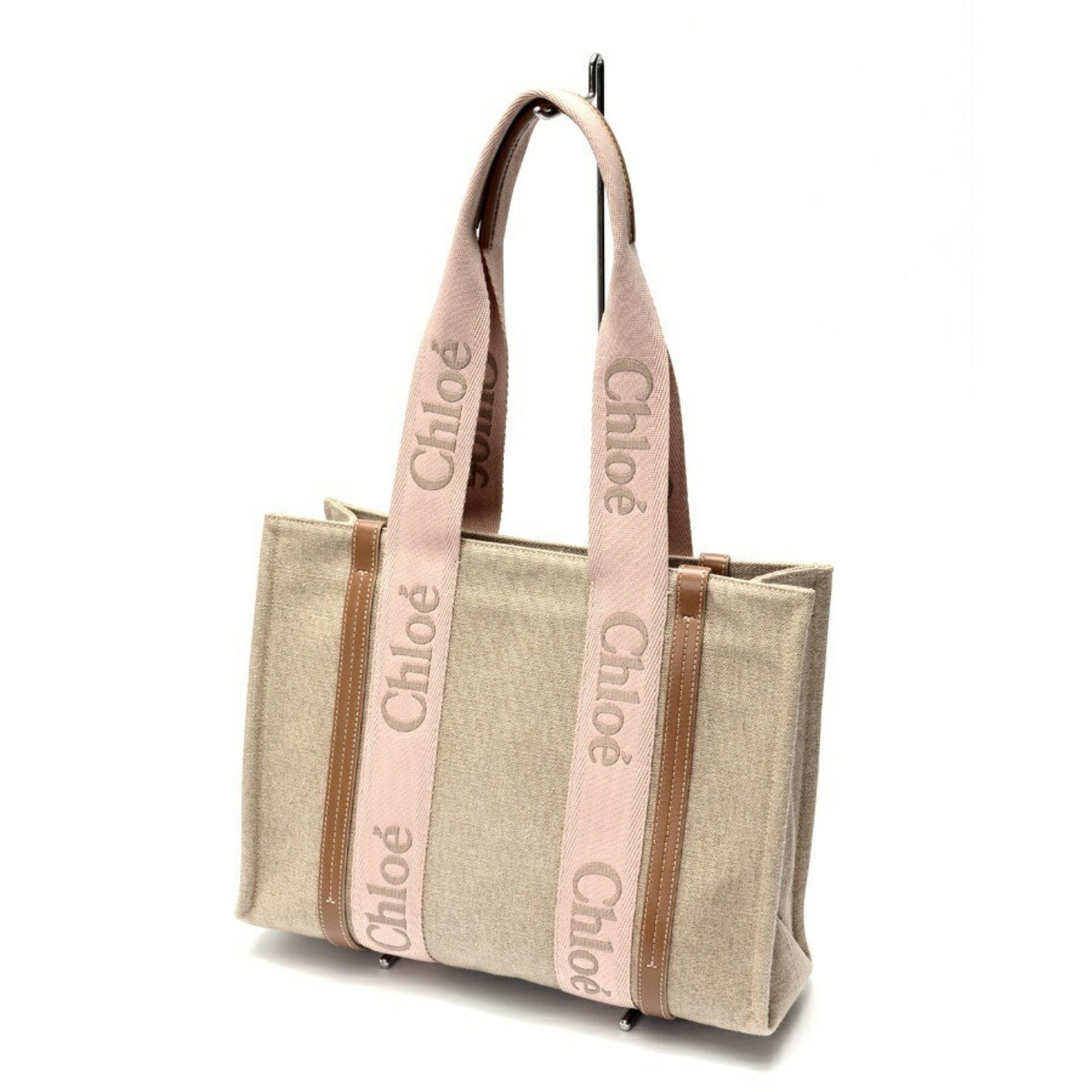 Chloé Chloe Woody Medium Tote Bag Linen Canvas/Shiny Calfskin Brassie