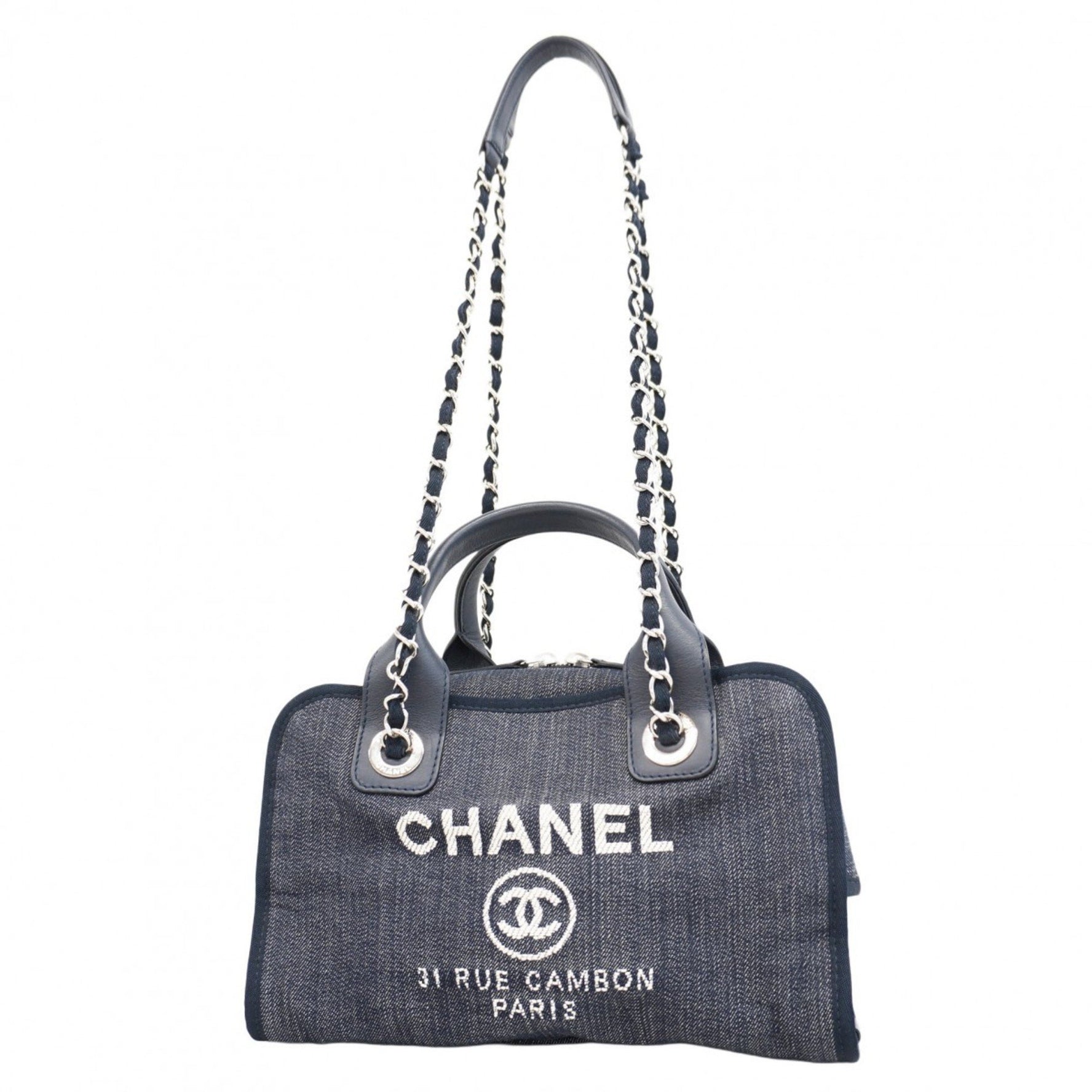Chanel Deauville handbag with chain shoulder strap in denim and a bag