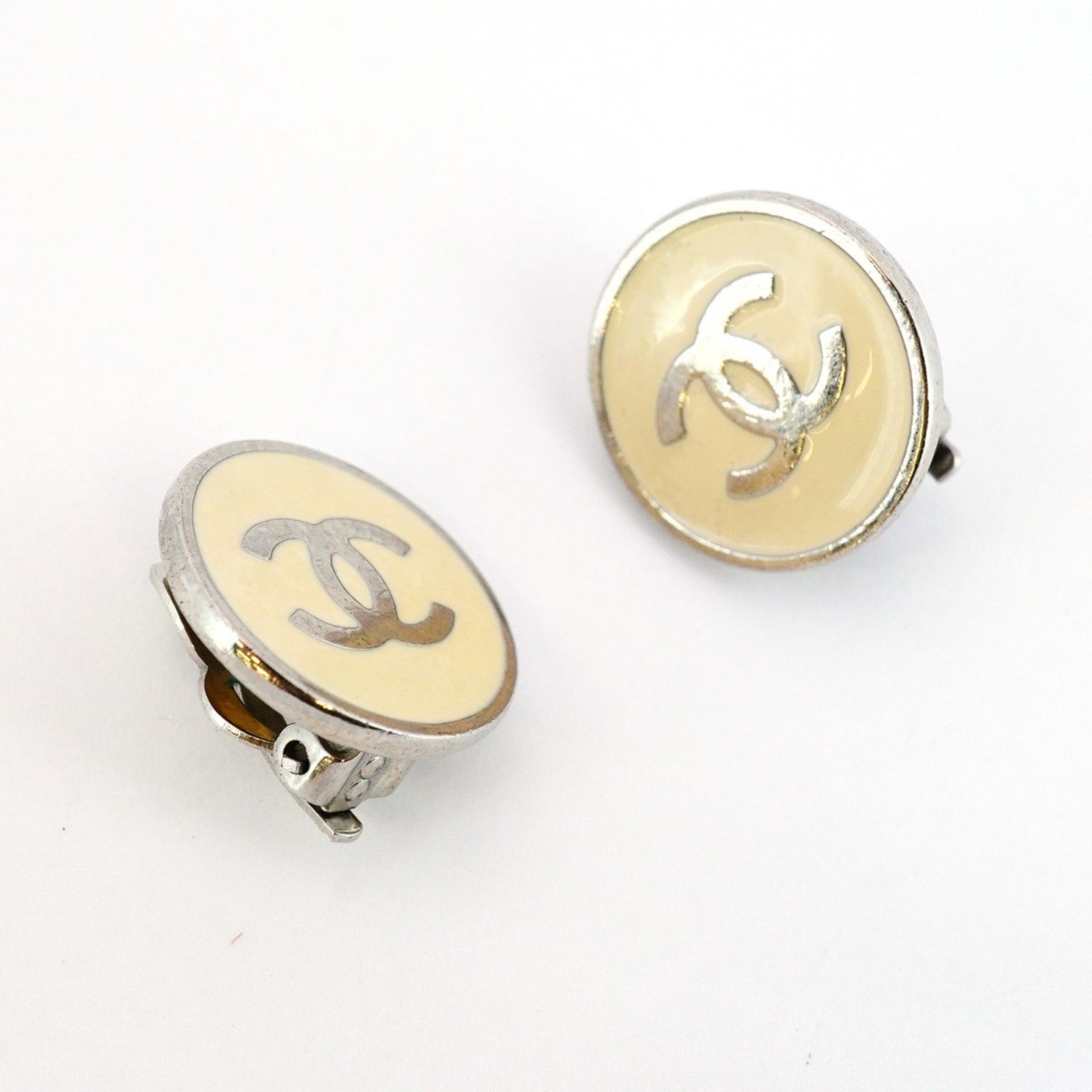 Chanel Coco Mark Circle Metal Earrings, Silver Beige
